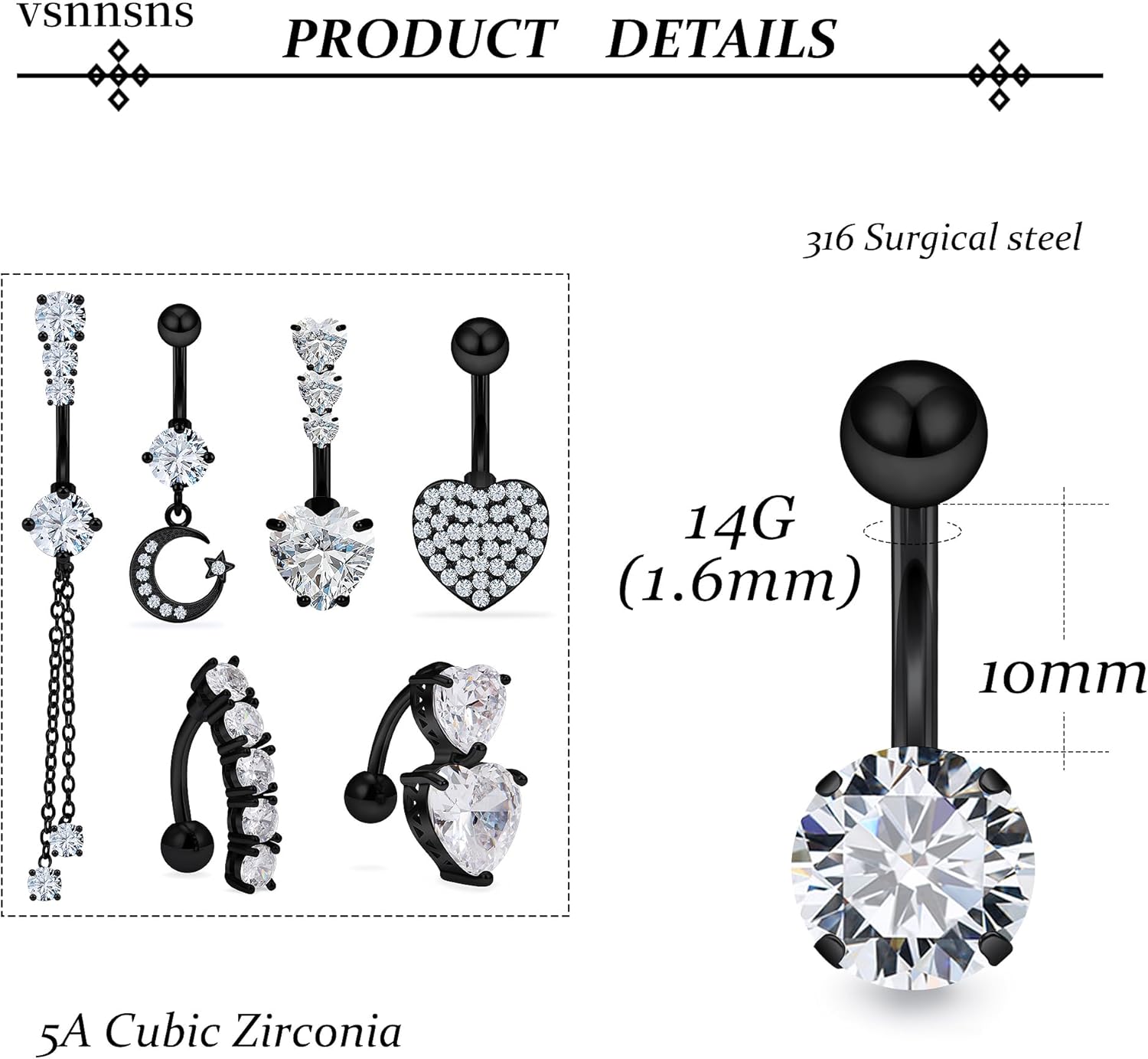 Vsnnsns 14G Heart Belly Button Ring Piercing Jewelry 316L Stainless Surgical Steel Cubic Zirconia Navel Rings Clear Heart CZ Reverse Belly Button Ring Piercing Jewelry for Women Men Hypoallergenic - Image 3