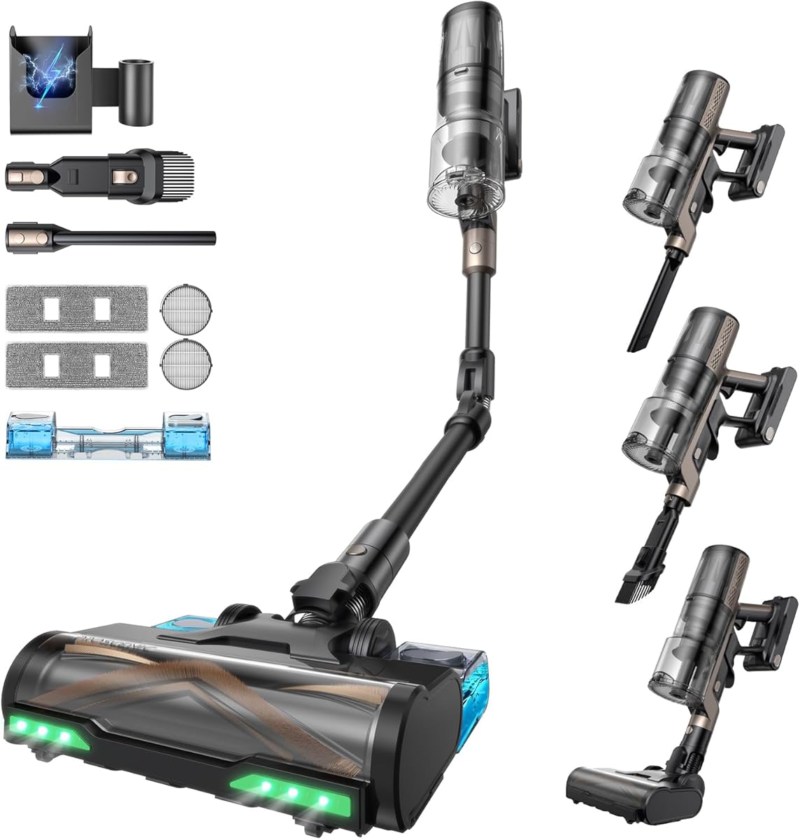 Proscenic P20 Akku Staubsauger mit Wischfunktion, 70KPa 70 Mins 680W Staubsauger Kabellos mit Selbststehend Wandladestation Anti-Tangle 6 Schichten Filter 1,5L, für Teppiche Haustierhaare,Aurum Black