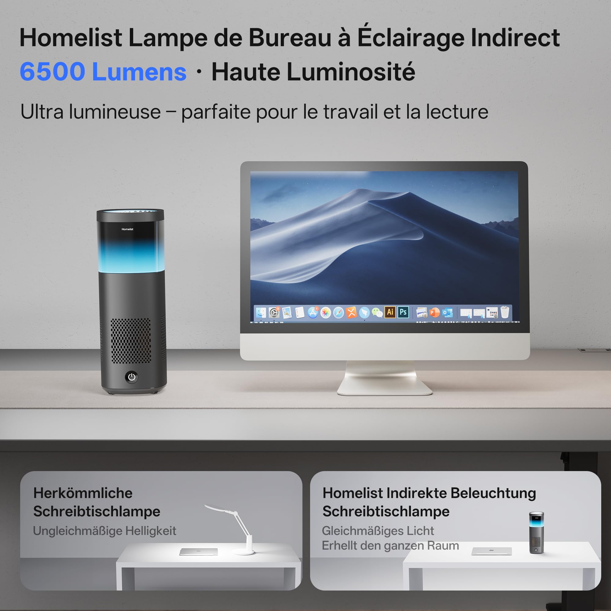 Homelist Lámpara Escritorio LED 72W 6500LM, Indirecta, CRI>98 | Lámpara LED de luz natural sin deslumbramiento con ajuste táctil, ideal para oficina, lectura y dibujo.