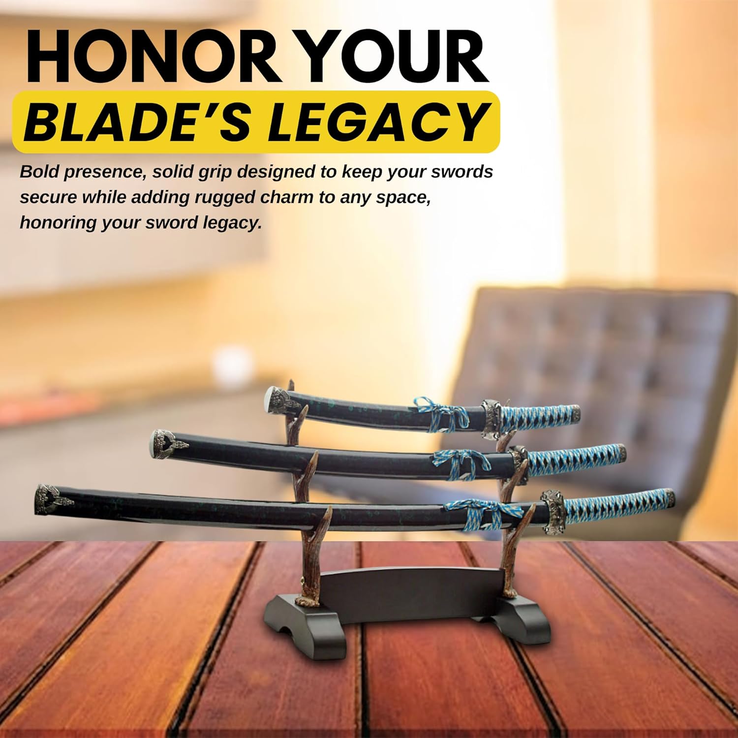 SZCO 3-Tier Antler Sword Stand – Faux Antler & Wood Katana Stand and Sword Holder for Samurai, Ninja, or Lightsaber Display – Rustic Display Rack for Shelf or Wall – Holds 3 Swords or Wands – Stands for Display