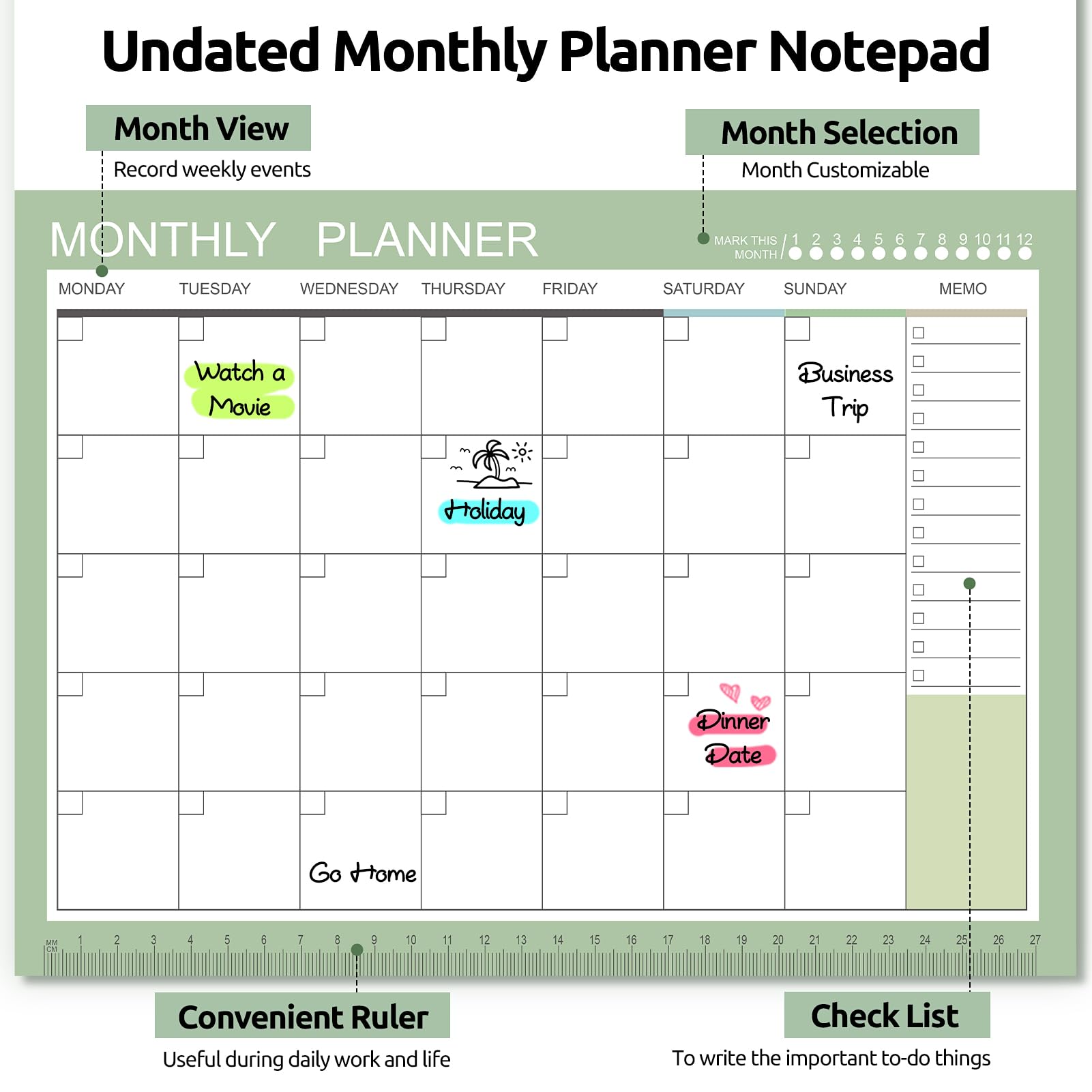 Phyxin Agenda sin fecha, calendario en blanco de 54 hojas, calendario mensual de 11.2 x 8.3 pulgadas, planificador mensual sin fecha con notas para mujeres, estudiantes, profesores, verde morandi
