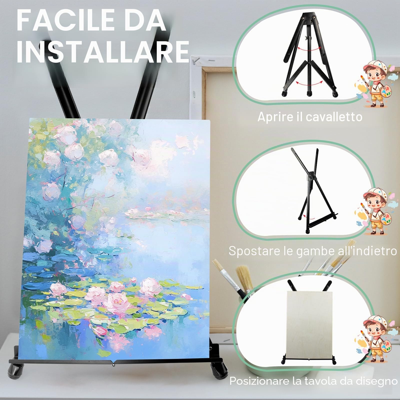 Cavalletto Pittura, Cavalletto da Tavolo per Dipingere, Pieghevole Cavalletto Portatile, cavalletto da tavolo, Telescopico da Pavimento per Matrimoni, Poster, Interni, Esterni, Nero
