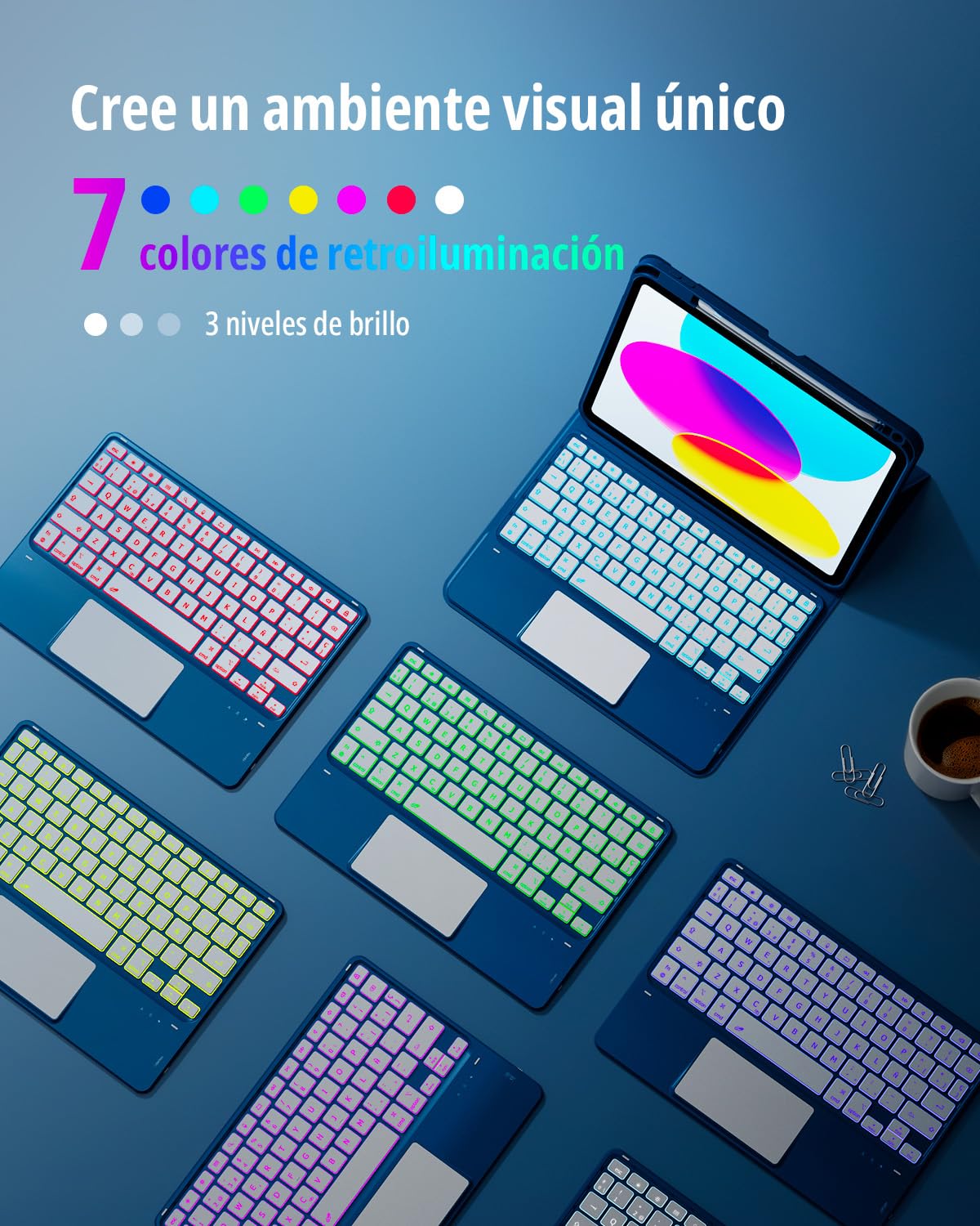 CACOE Funda con Teclado para iPad 11.ª Gen (A16) / 10.ª Generación (11/10.9 Pulgadas) 2025/2022, con Touchpad, Iluminación de 7 Colores, Magnético Desmontable Bluetooth, Azul Océano