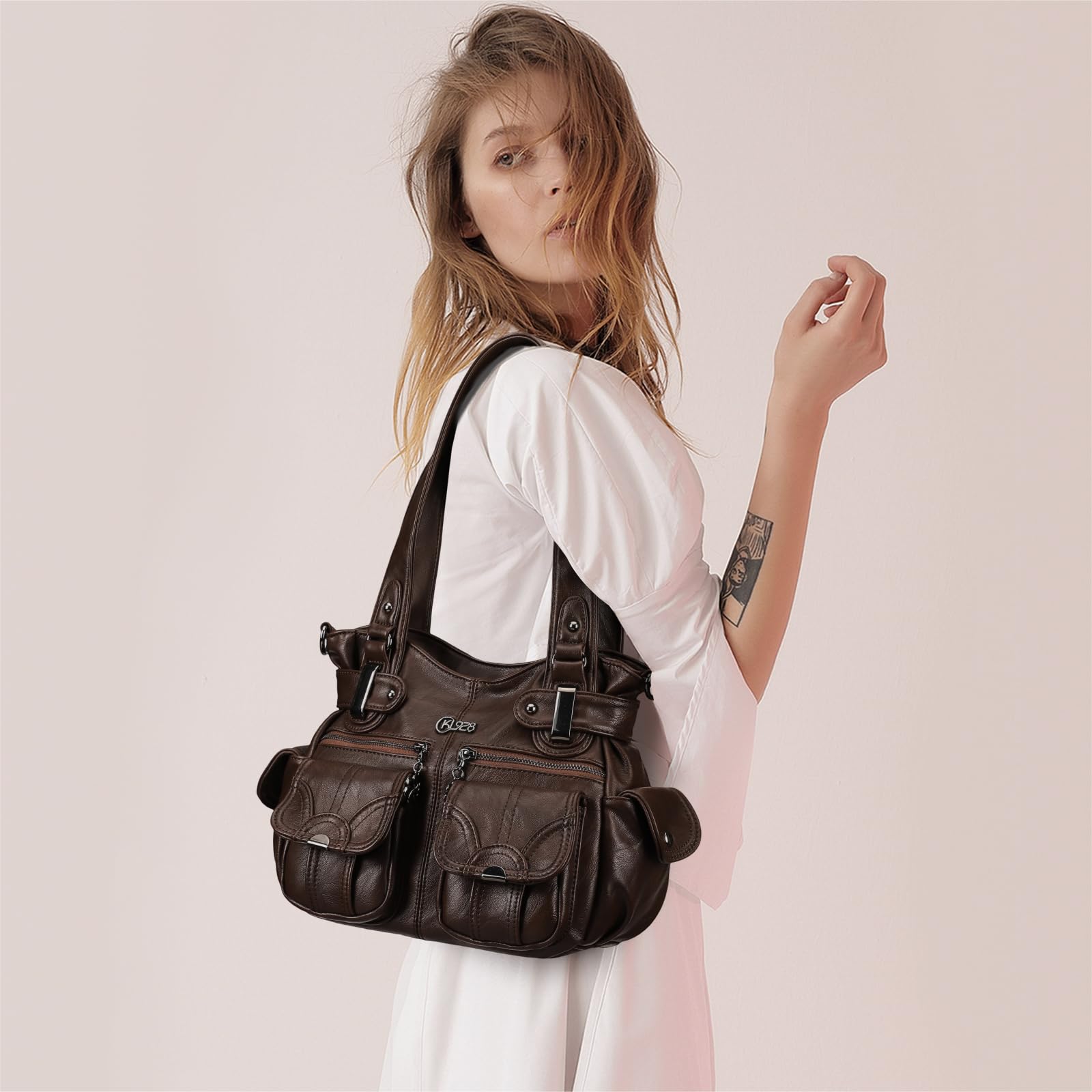 KL928 Sacs à Main Portés épaule Femme, Grand PU Cuir Sac Bandoulière Hobo Sacs Cabas Pour Madame Fille, Café
