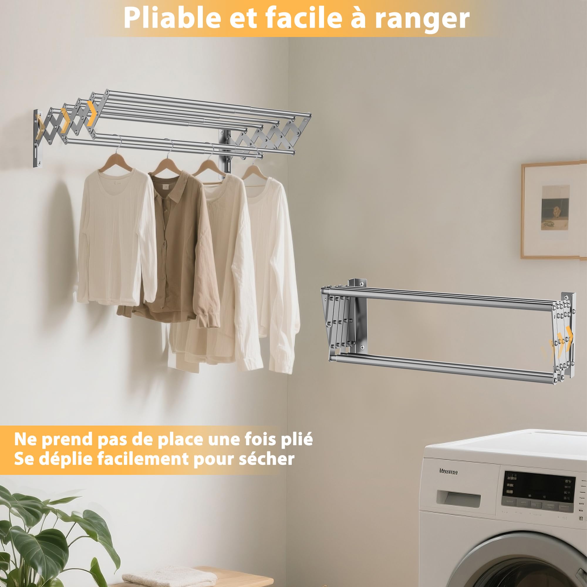 OUUTMEE Étendoir à Linge Mural Pliable, Séchoir à Linge Mural en Acier Inoxydable avec 7 Tiges, Largeur Rétractable: 42-80CM, Porte-Serviettes Suspendu pour Buanderie Salle de Bain, Moyen (Argent)