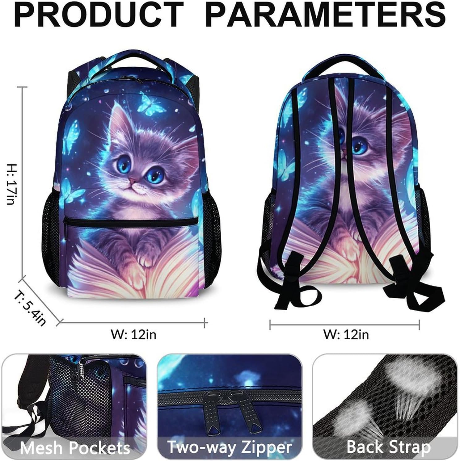 School Backpack for Girls, Cat Backpacks for Kids Kindergarten Preschool, 17 Inch Lightweight Cute Cat Bookbag for Travel Hiking Back to School