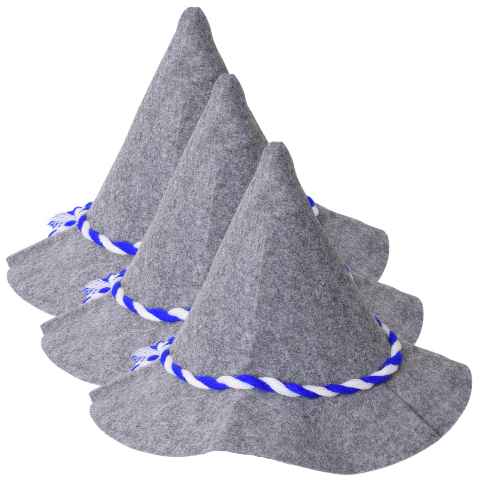TE-Trend Pack of 3 Seppelhut Felt Hat, Blue/White Cord, Ideal for Oktoberfest Folk Festivals, Wiesn, Huttengaudi