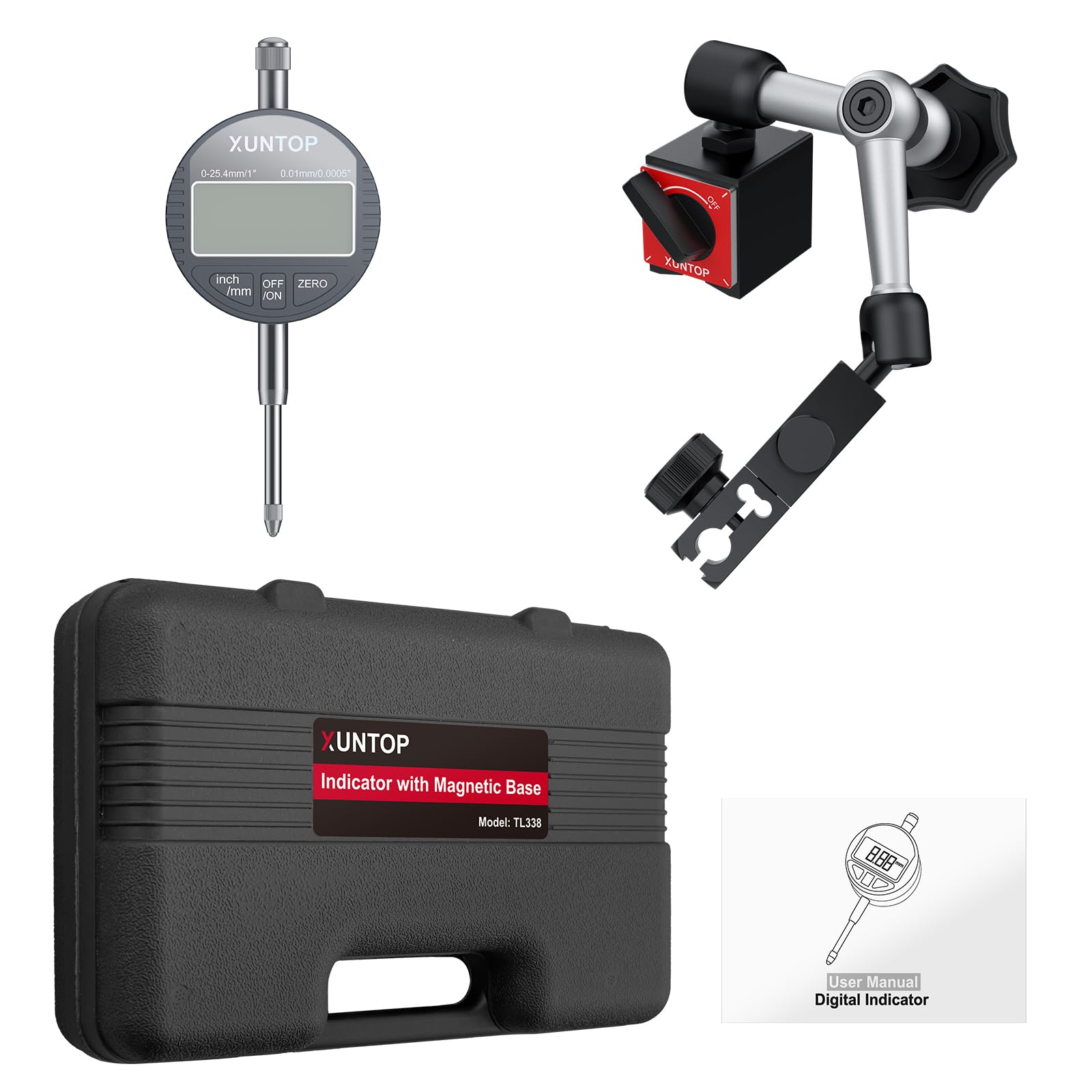 XUNTOP 25.4mm Comparateur Numérique avec 40kg Base Magnétique - LCD Affichage, Précision 0.01mm, Conversion mm/pouce - Outil de Mesure Professionnel pour Atelier, DIY et Usinage Industriel