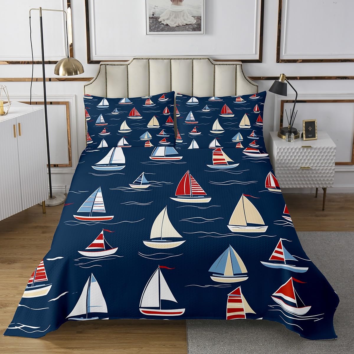 Feelyou Sailboat Coverlet Nautical Decor Bedspread Sea Adventure Quilt Set for Kids Boys Girls Children Teens Summer Holiday Bedroom Decor Ocean Marine Themed Quilted Bedroom Collection Twin Size