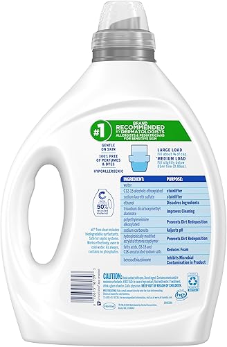 Miniatura 5 de all Detergente líquido para ropa, libre transparente para pieles sensibles con OXI, sin perfume e hipoalergénico, 2 veces concentrado, 90 cargas