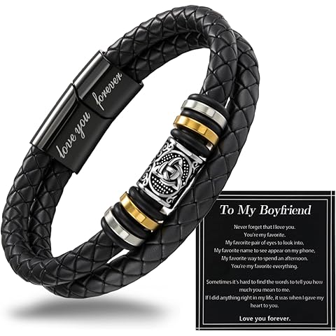 Premium Leather Bracelet for Men,Double-Row Braided Black Adjustable Stainless Stee...