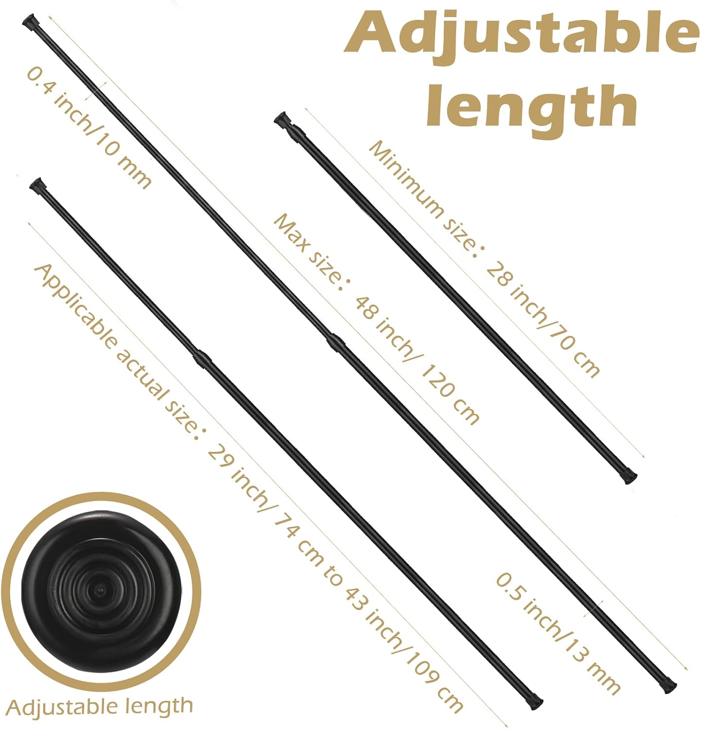 3 Pcs Tension Rod, OEH Tension Curtain Rod, No Drilling Tension Rods for Windows 28 to 48 inch, Rustproof Spring Rod, Spring Tension Curtain Rod for Doors, Windows, Wardrobe, Black (28-48 inch)