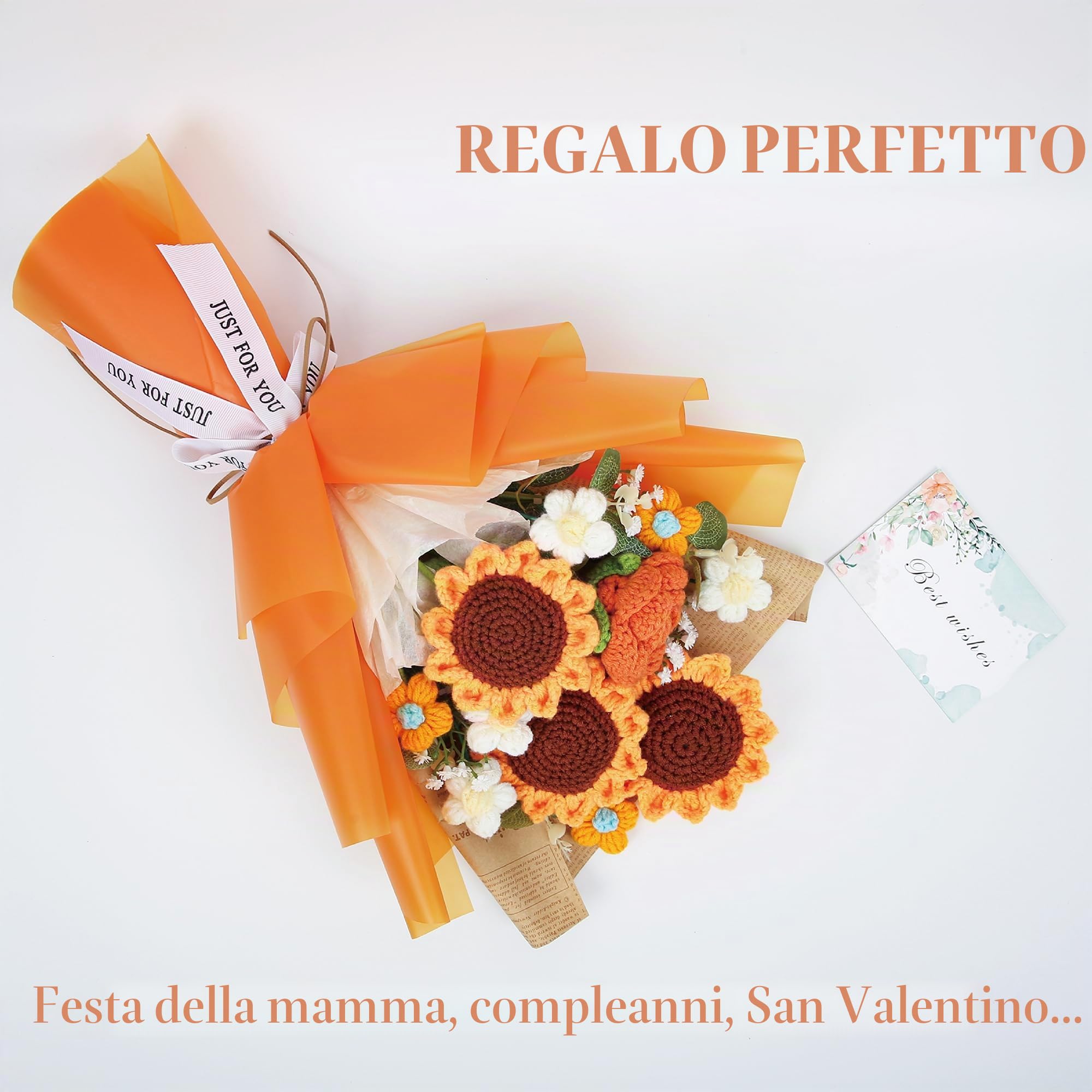 EZsenses Fiori all'uncinetto fatti a mano - Bouquet di fiori all'uncinetto completato per decorazioni casa, festa della mamma, matrimonio - Fiori artificiali lavorati a maglia, girasole - Elegante