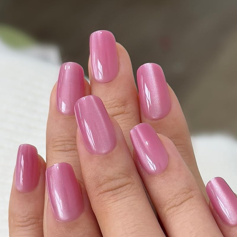 CurvLife Medium Chrome Cat Eye Press On Nails, Light Mauve Pink, Soft Gel | 32PCS 16 Sizes, Salon-Quality Natural Fake Nails, Curved Fit, 7-14 Day Glue-On Wear, Reusable Stick-On Nails, Press-On Kit