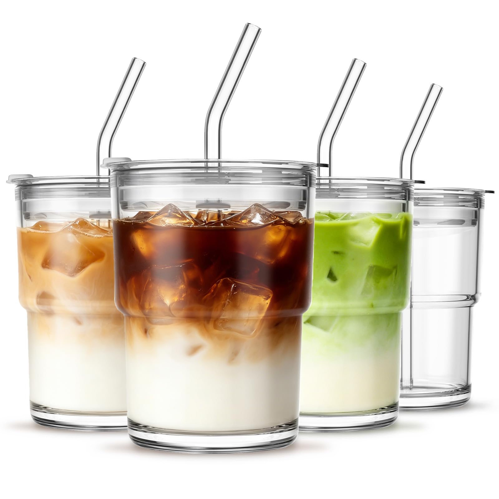 INSETLAN 380ml Glass Cup with Lids and Straws, 4 Pack Ice Coffee Cup, Drinking Glasses with Straw for Smoothie, Latte, Iced Coffee, Matcha and More – Elegant & Durable