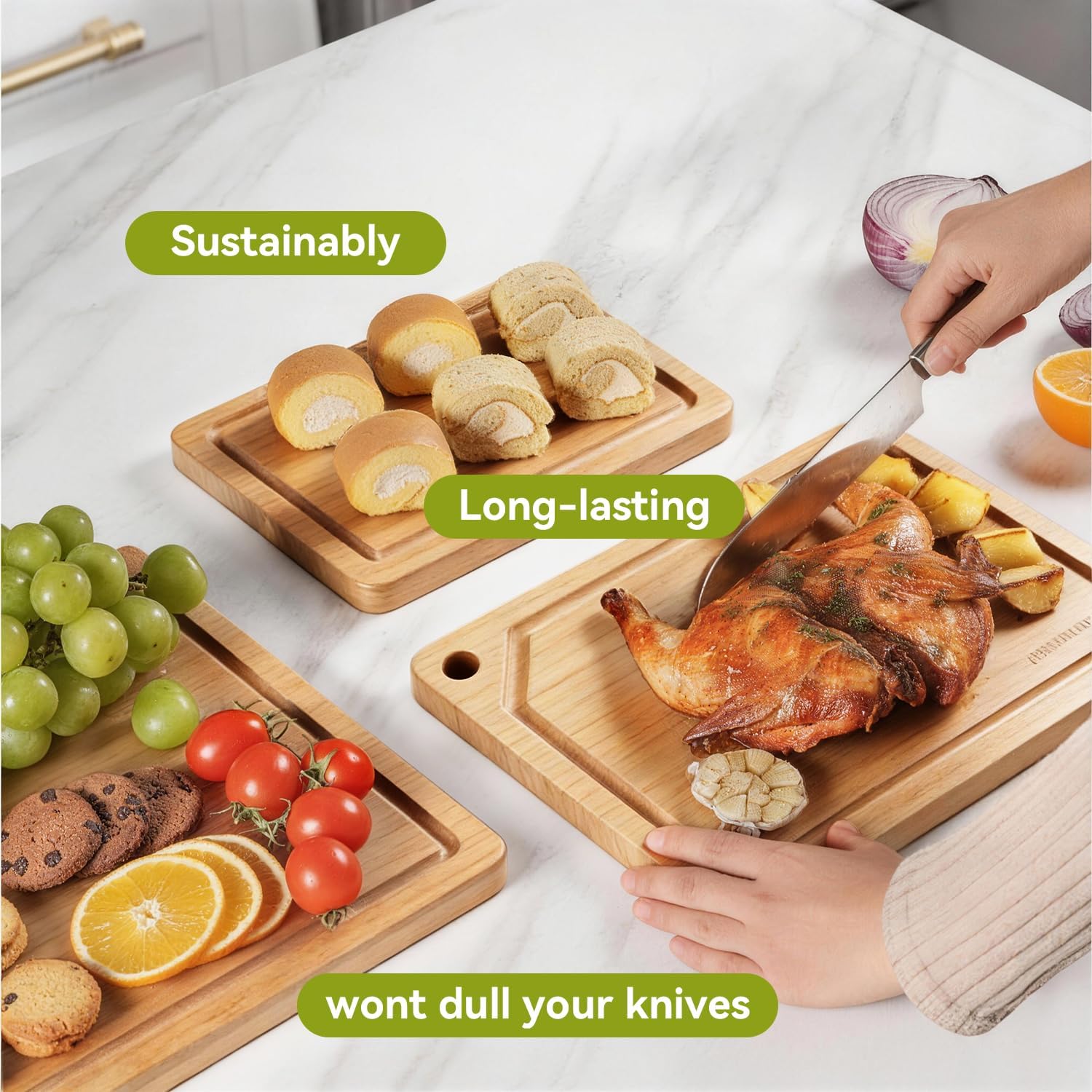3-Piece Bamboo Cutting Board Set, Bamboo Wood with Deep Juice Groove & Non-Slip Mat, Three Sizes Chopping Boards for Meat, Vegetables, Fruits