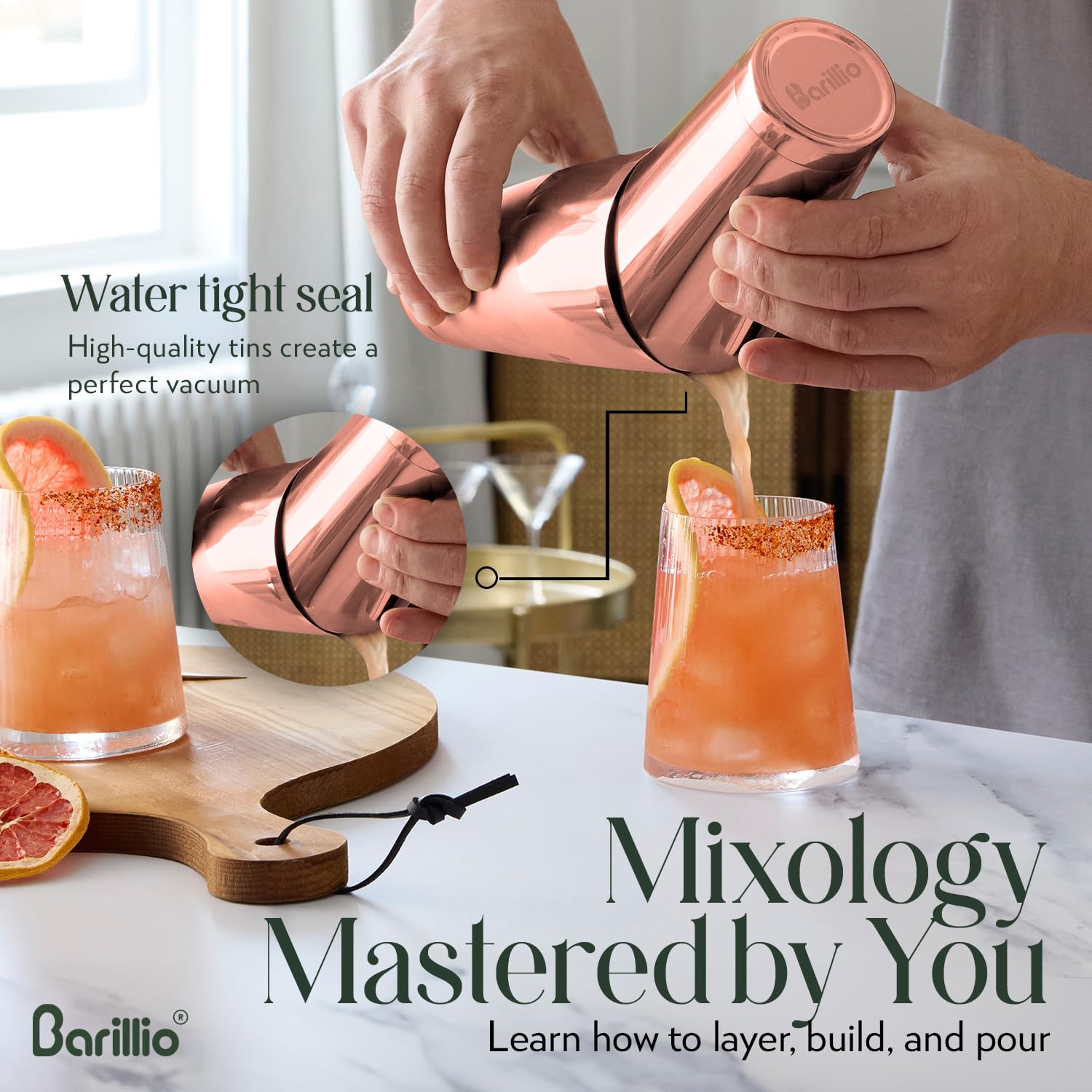 Barillio Juego de coctelera Boston de oro rosa, acero inoxidable, juego de coctelera con peso Martini con colador y mezclador, kit de barman de mixología, juego de bar para el hogar, juego de