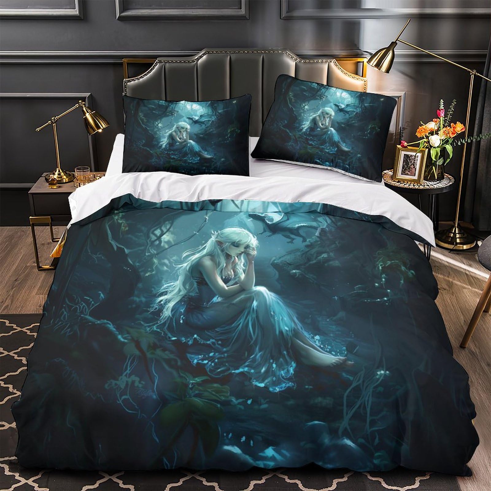Fantasy Elf Girl Comforter Cover 3D Design Printed Durable 3 Pcs Bedding Set Zipper Duvet Cover Luxury Machine Washable for Kids Girls Boys Adults Women Teens Double（200x200cm）