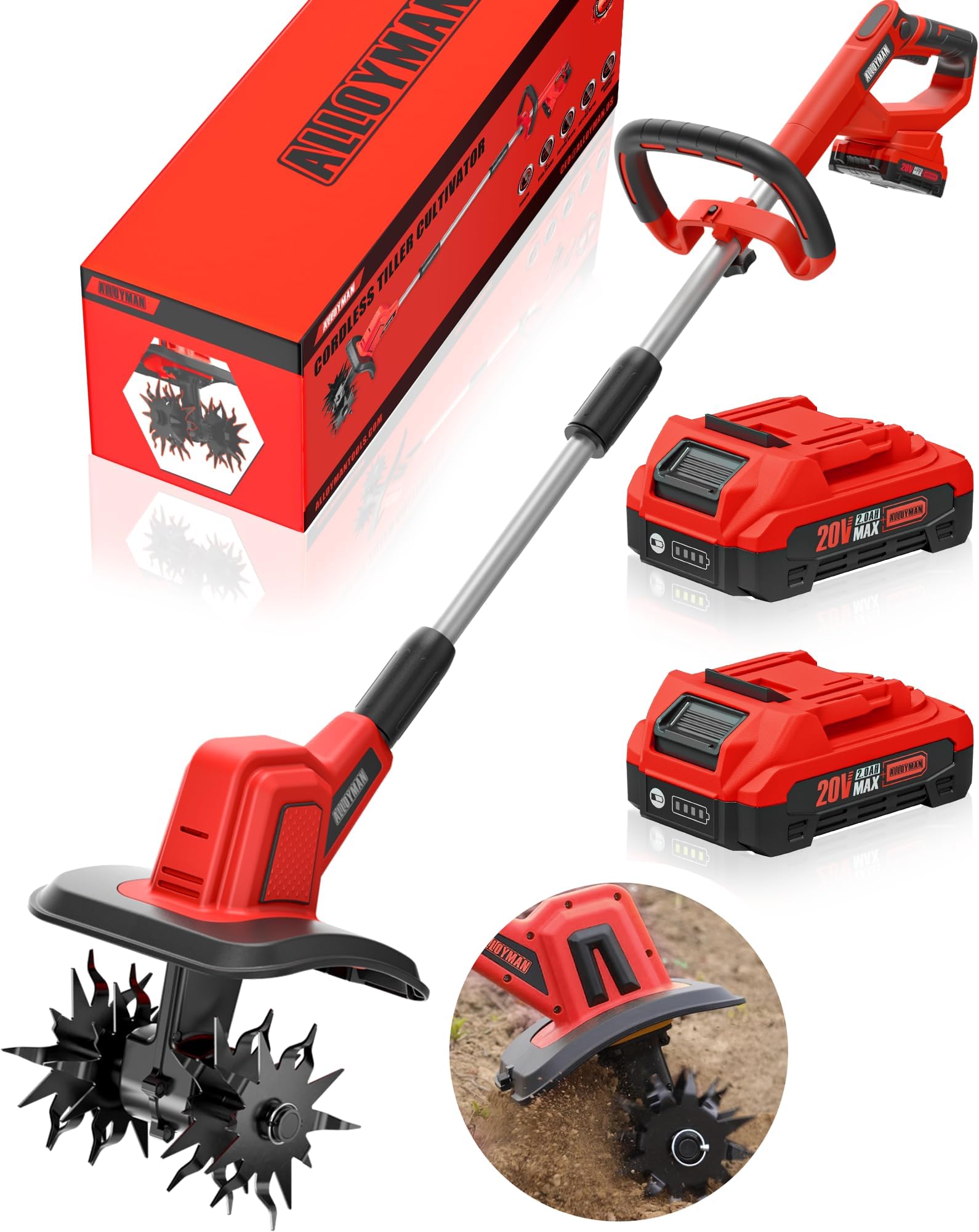 Alloyman 20V Cordless Tiller Cultivator 9In Tilling Width Garden Rototiller with 2 * 2.0Ah Batteries & Charger, Battery Powered Garden Cultivator with 24 Steel Tines for Gardening