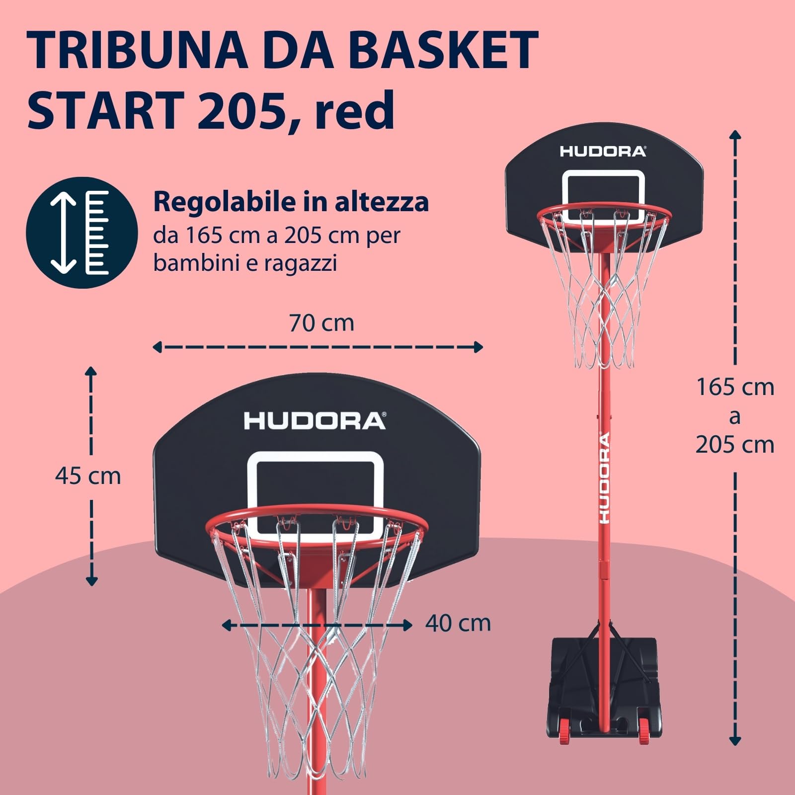 HUDORA Canestro da Basket Start 205 - Regolabile da 165 a 205 cm - Mobile Con Supporto per Bambini e Ragazzi - da Esterno Con Ruote
