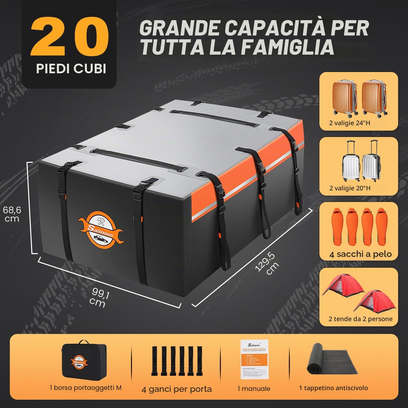 Sailnovo Box da tetto per auto, 21 piedi cubi, pieghevole, con tappetino antiscivolo, 6 ganci per porta, in PVC 1000D, per auto con/senza barra trasversale per portapacchi (arancione)