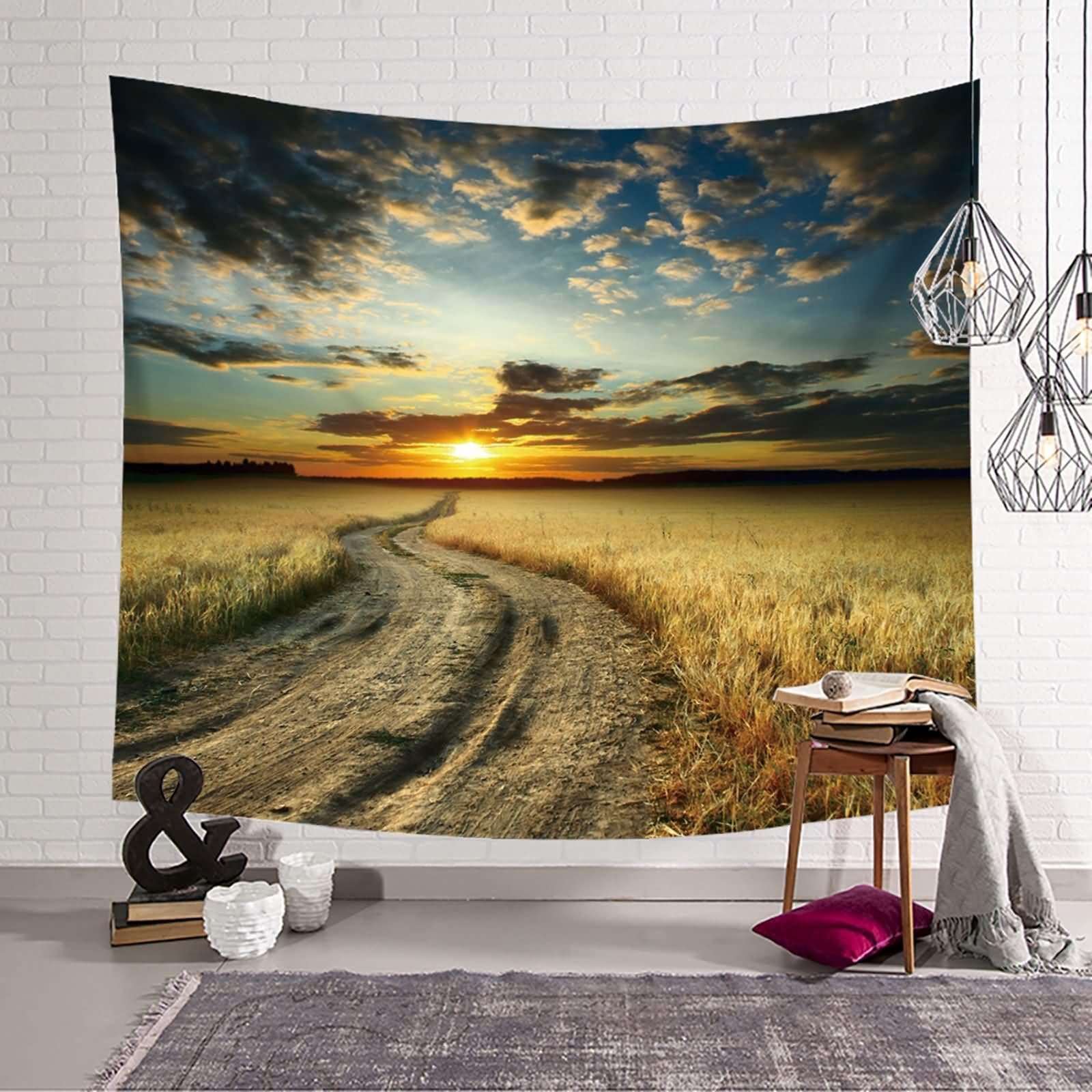 Homxi Tapiz de Sofas 260 x 240 CM,Paisaje de Camino y Atardecer Tapiz para Habitación Poliester Amarillo Gris Azul