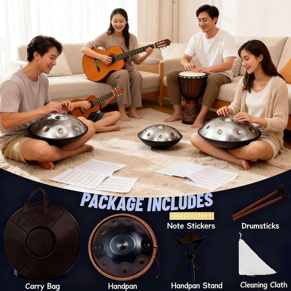 Handpan Strumento 440 Hz Re Minore, 9/10/12 Note 56cm Tamburo In Acciaio Hand Pan Musicale, Con Borsa Morbida, 2 Mazzuole Percussione Armonica Per Yoga Meditazione(Viola,10)