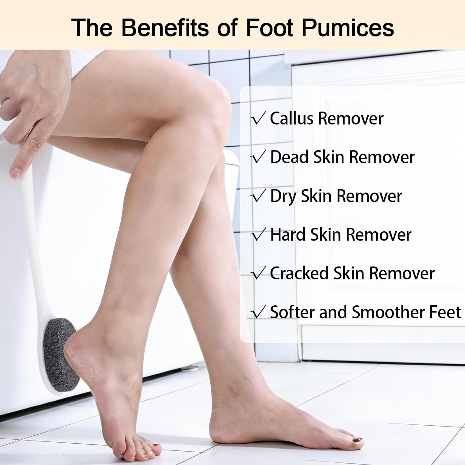 Pumice Stone for Feet with Long Handle 14.96", Hard Skin Callus Remover, Foot Scrubber and Exfoliator Pedicure Tool for Dead Dry Skin, Soft and Smooth Feet, White