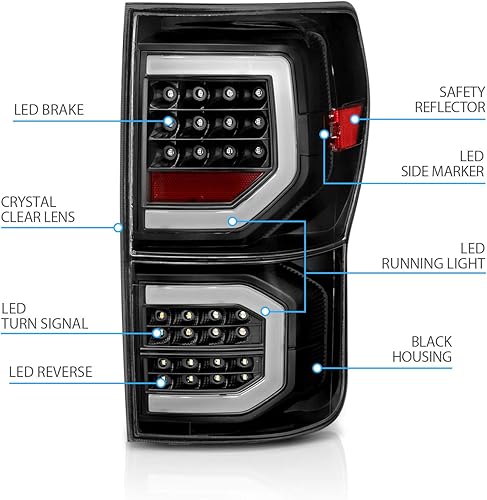Miniatura 5 de AmeriLite para camioneta Toyota Tundra 2007-2013, cristal negro Full LED Faros traseros dobles tipo C de tubo de repuesto, lámpara de freno, par -