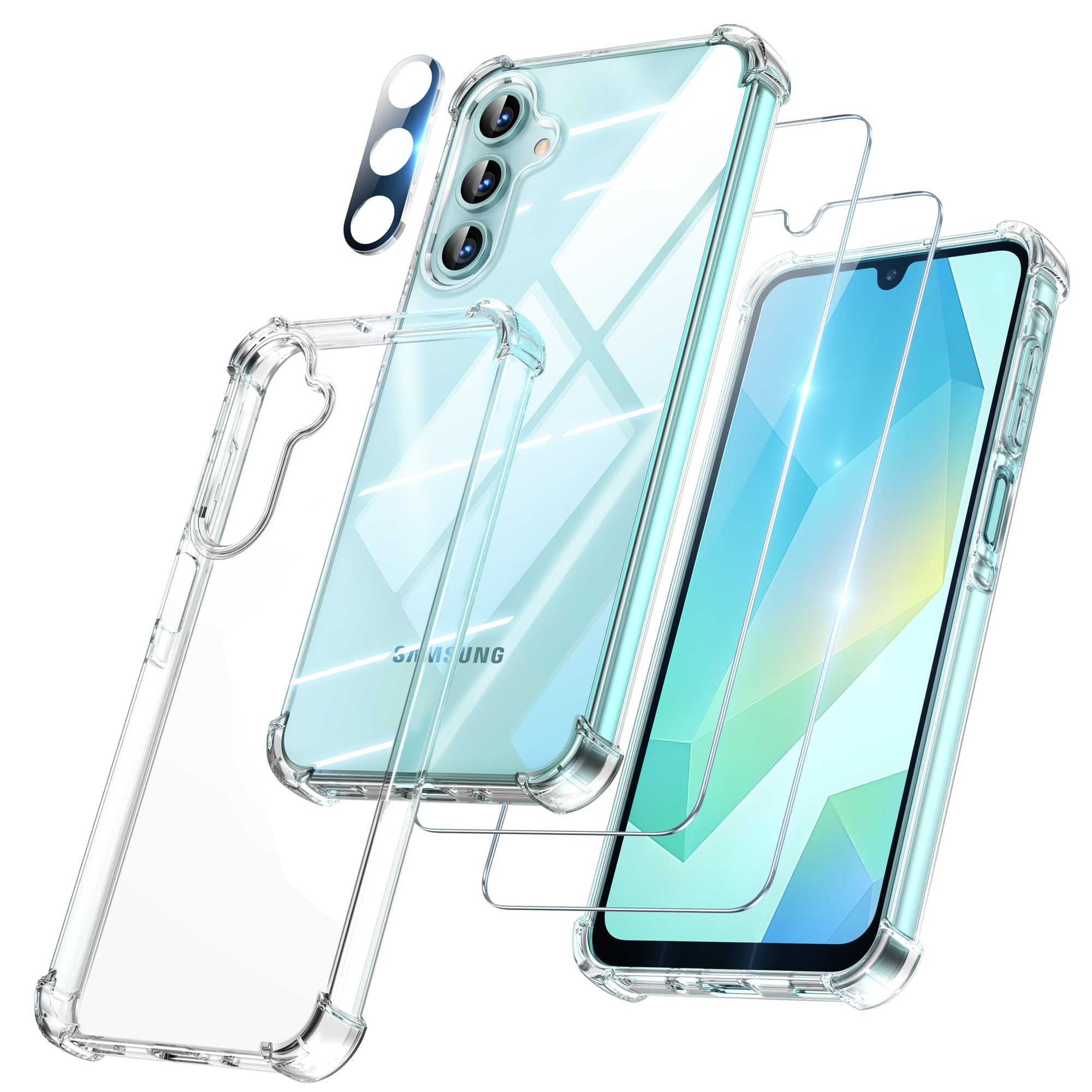 FLLAO 4 in 1 Cover per Samsung Galaxy A16 5G con 2 Pellicola Vetro Temperato e 1 Pellicola Protezione Fotocamera, [Protezione Antiurto Militare] Antishock Custodia per Samsung A16 5G, Trasparente