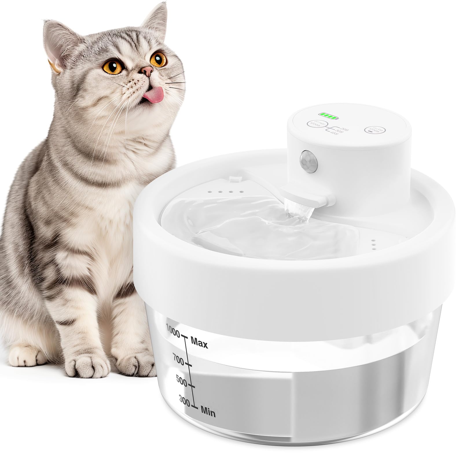 Jewyow 1L Fontana per gatti senza fili, 2200mAh Intelligente Fontana per Gatti, Fontana per Gatti Alimentata a batteria Ultra Silenziosa con Rilevatore di Movimento, Indicatore di batteria, 2 modalità