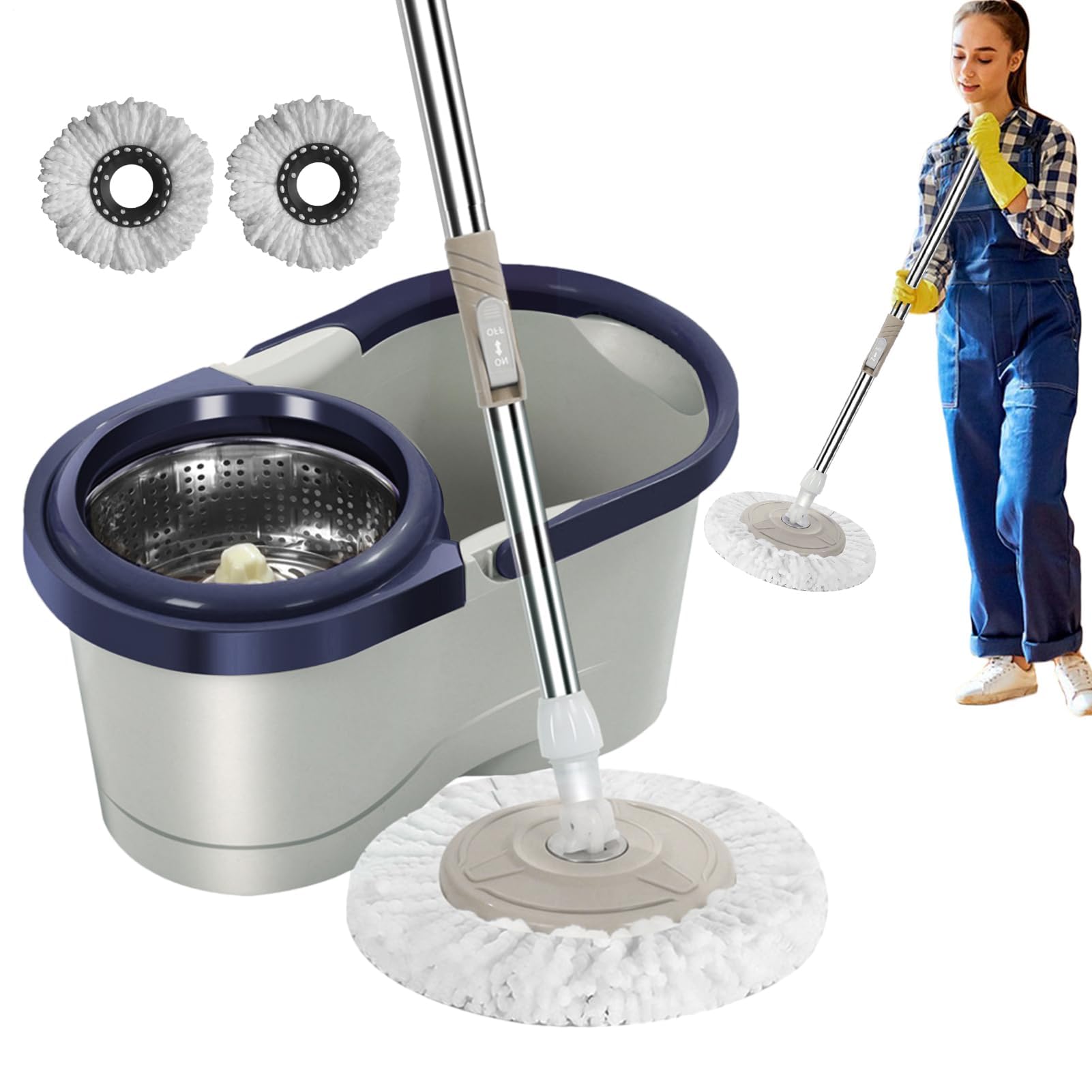 Sistema de fregona automático con cubo escurridor, cabezales de recambio de microfibra y cesta de acero, limpieza eficiente del suelo para uso doméstico