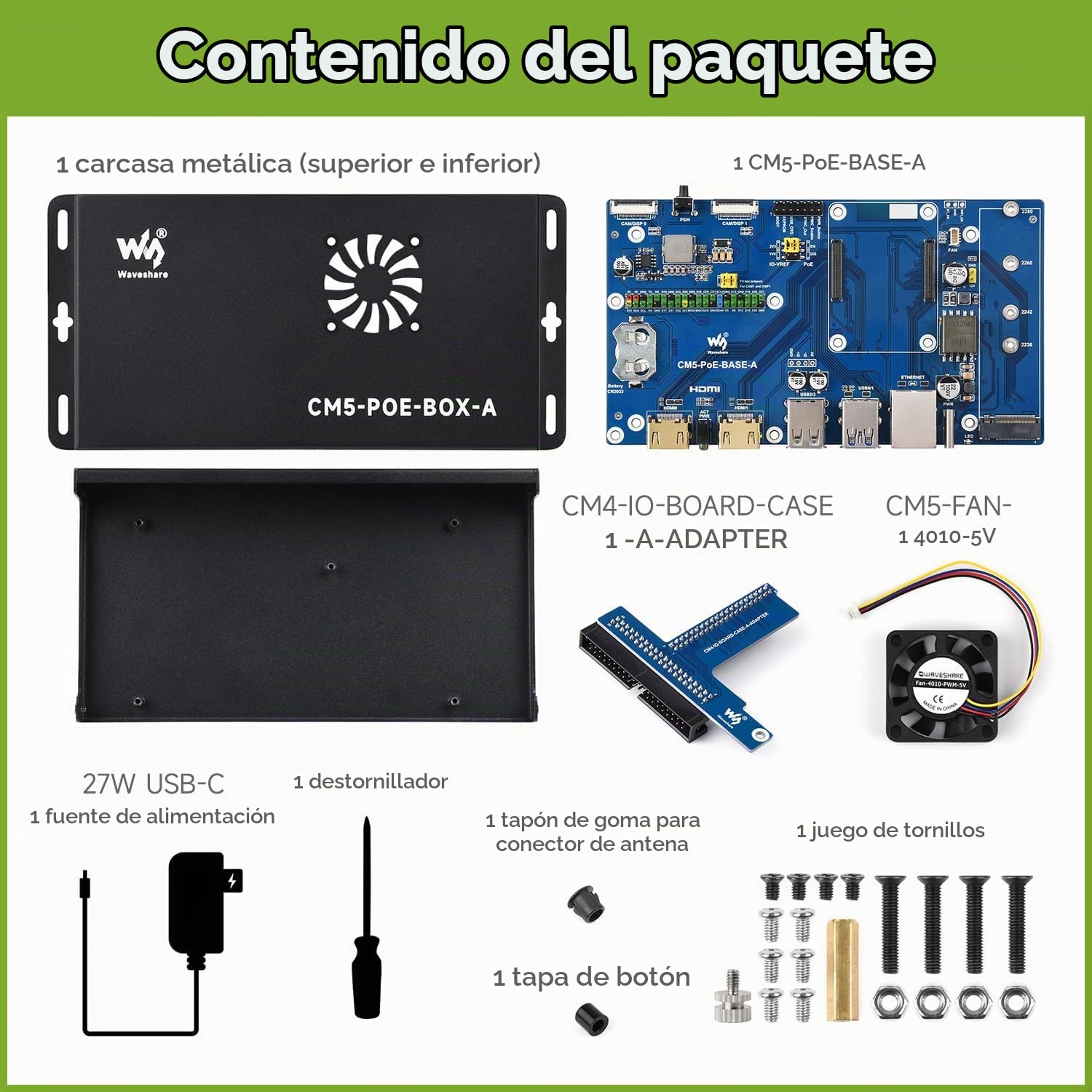 Waveshare Compute Module 5 IO Board, Compatible with All Variants of Raspberry Pi CM5, with PoE Feature, Bundle with PoE Base Board + Case + Power Supply Adapter