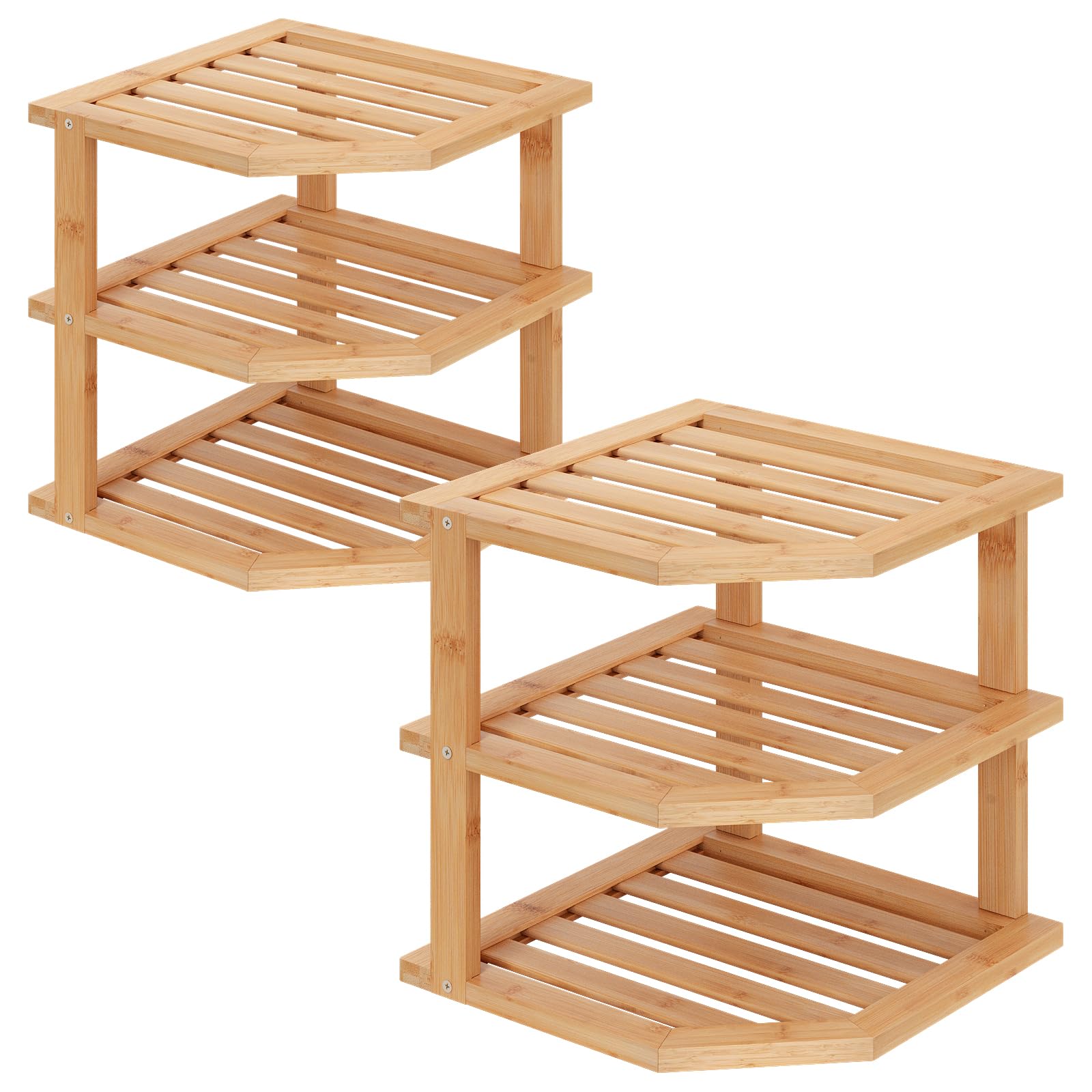 Photo 1 of VERTORGAN 3 Tier Bamboo Corner Shelf, 2 Pack
