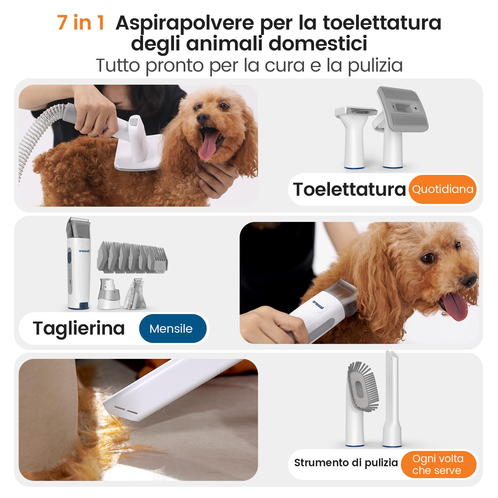 oneisall toelettatura e aspirazione a Vuoto per Animali Domestici, Tosatrice per Cani e Gatto Pelo Lungo Professionale, 7 Strumenti per la toelettatura Per la depilazione di cani e gatti (blu)