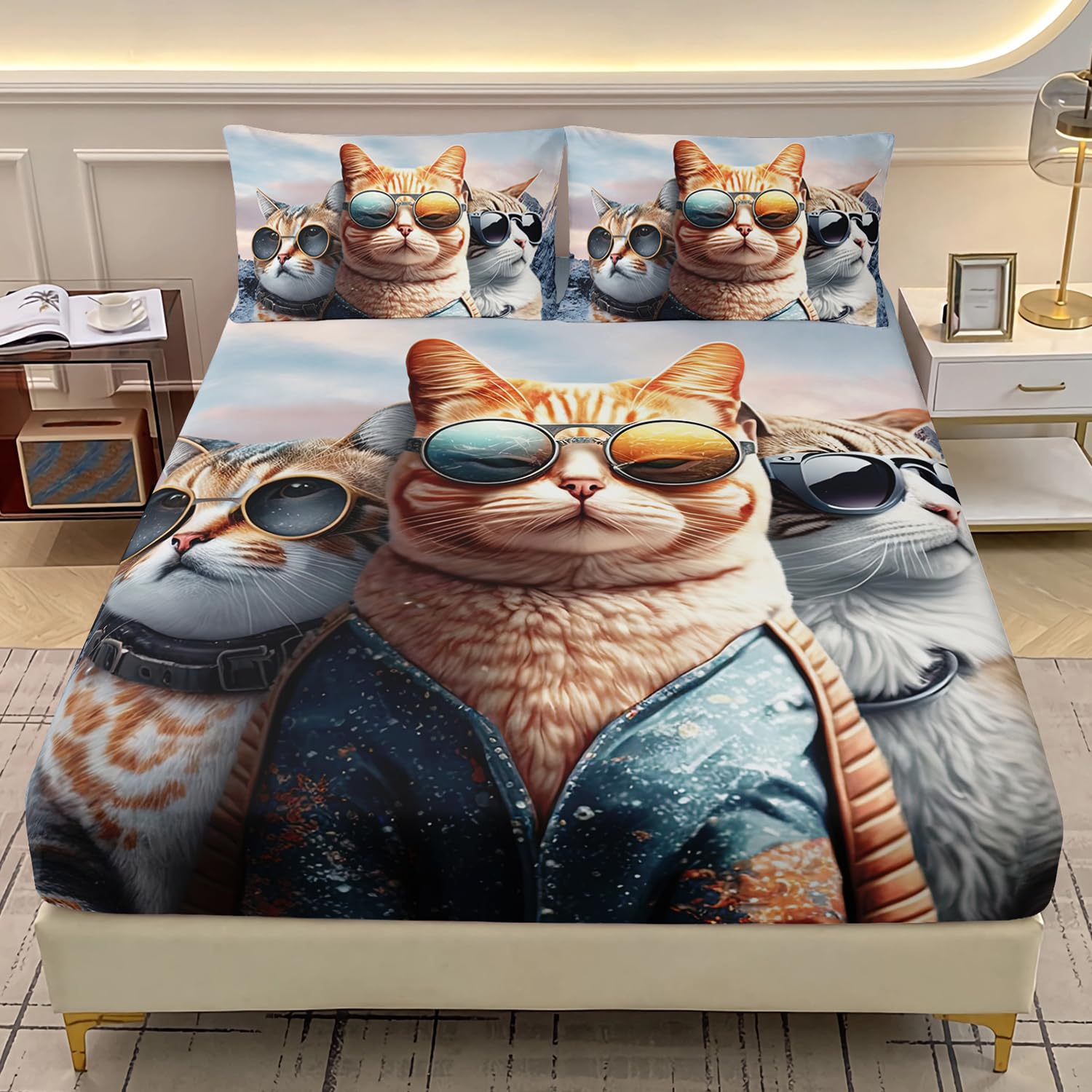 AILONEN 3D Cat Fitted Sheet Set, Queen Size, Funny Kitten Bedding Set for Kids Boys Girls,Cat Lovers Animal Bed Sheet Set,3 Pieces, 1 Fitted Sheet and 2 Pillowcases