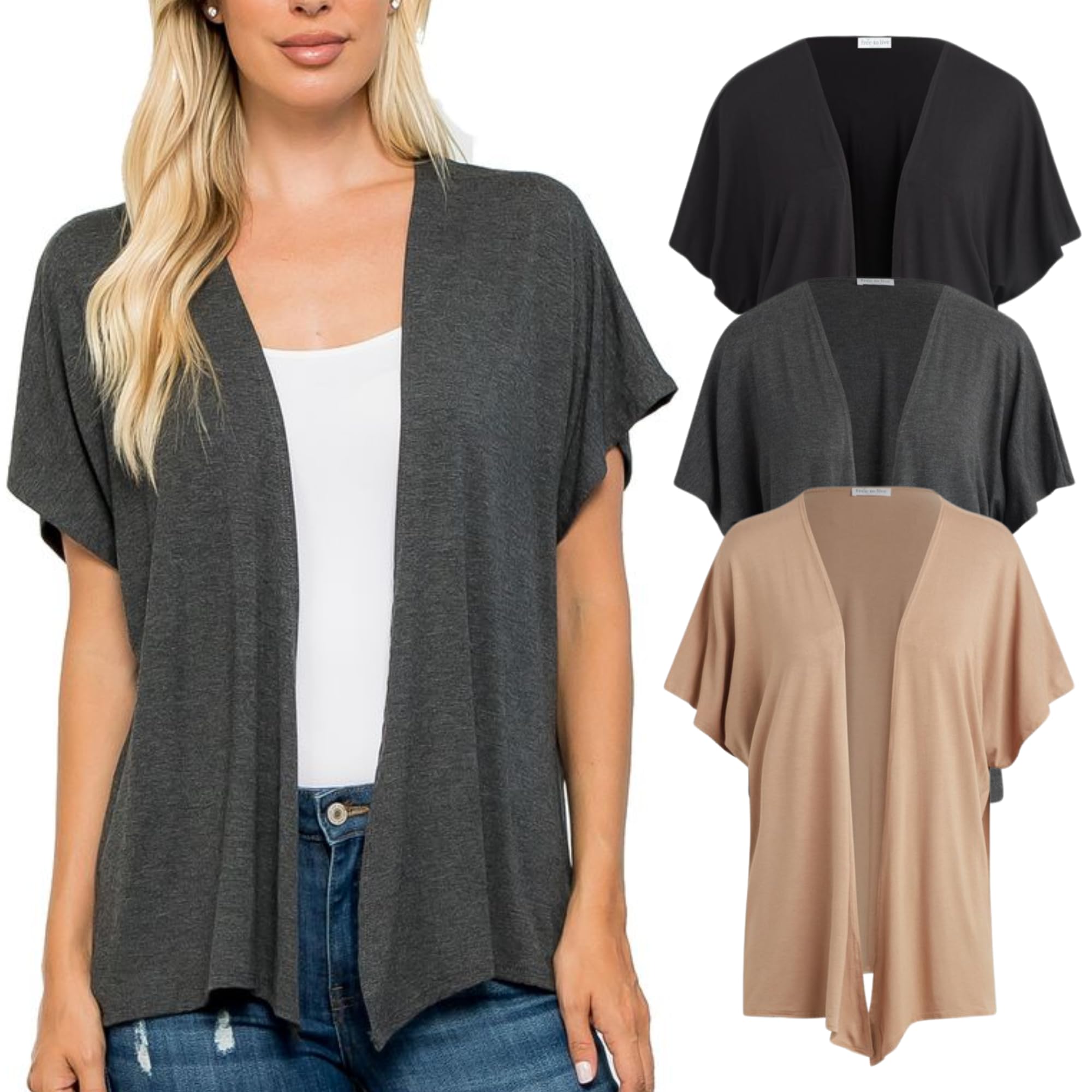 Free to Live 3 Pack Dolman Short Sleeve Cardigan for Women Lightweight Open Front Kimono Fall Sweaters Dressy Casual Cover Up