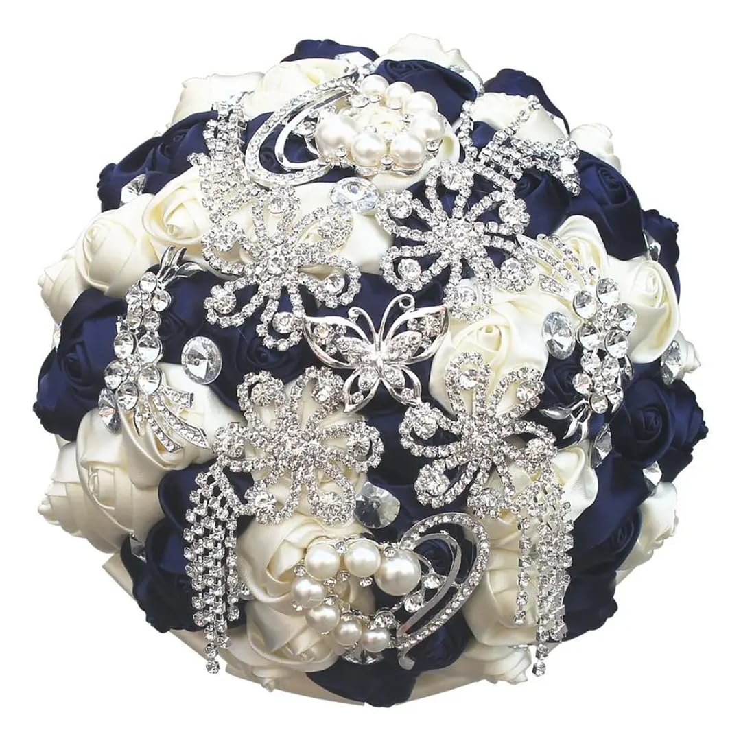 HJRegaFimu Rhinestones Holding Flowers Wedding Bridal Bouquets Ivory Ribbon Brooch Bouquet Diamond Diameter 15cm