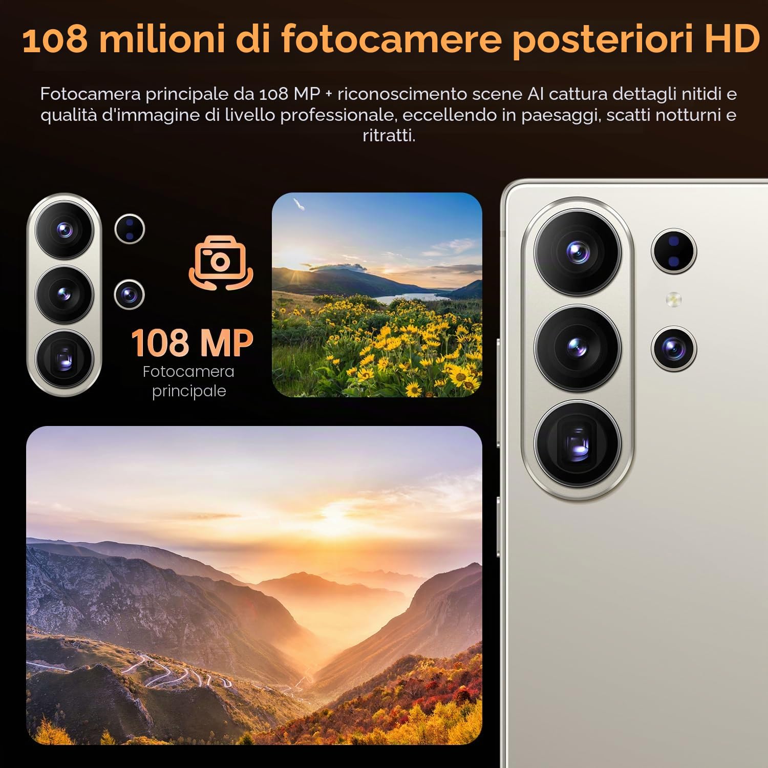 I26 Ultra – Smartphone senza SIM da 6,8" HD+ | 8 GB di RAM, 256 GB di spazio di archiviazione | Fotocamera da 108 MP, doppia SIM | Android 15, 4G LTE, Face ID, GPS | Smartphone economico con batteria