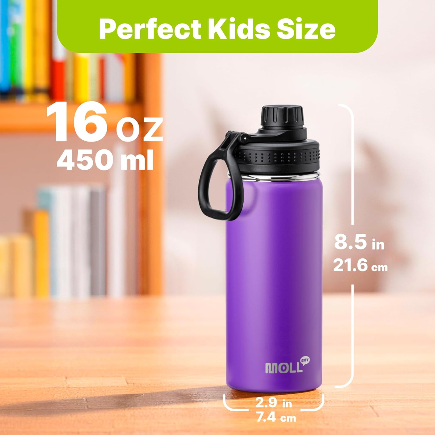 Kids Water Bottle for School 16 oz Stainless Steel Double Wall Vacuum Insulated Sports Water Bottle Leak Proof-Reusable Metal Flask with Silicone Boot for Travel, BPA-Free(Purple) - Image 3