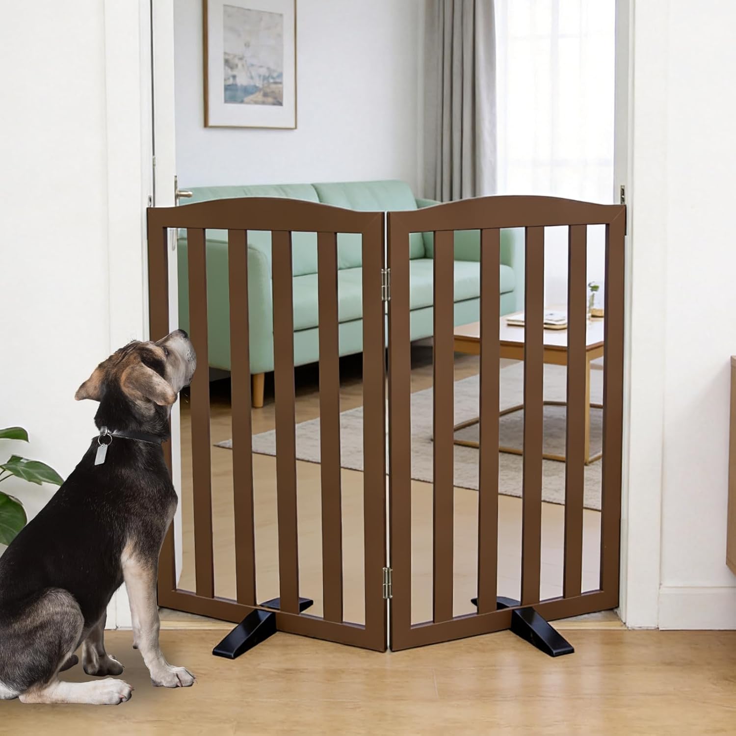 Freestanding Dog Gate Indoor,Doggie Gate Foldable Pet Gates for Doorways,Stairs or Hallways, Wooden Brown Pet Gate for the House, Pet Fence with Support Feet Included,32 "Height-2 Panels
