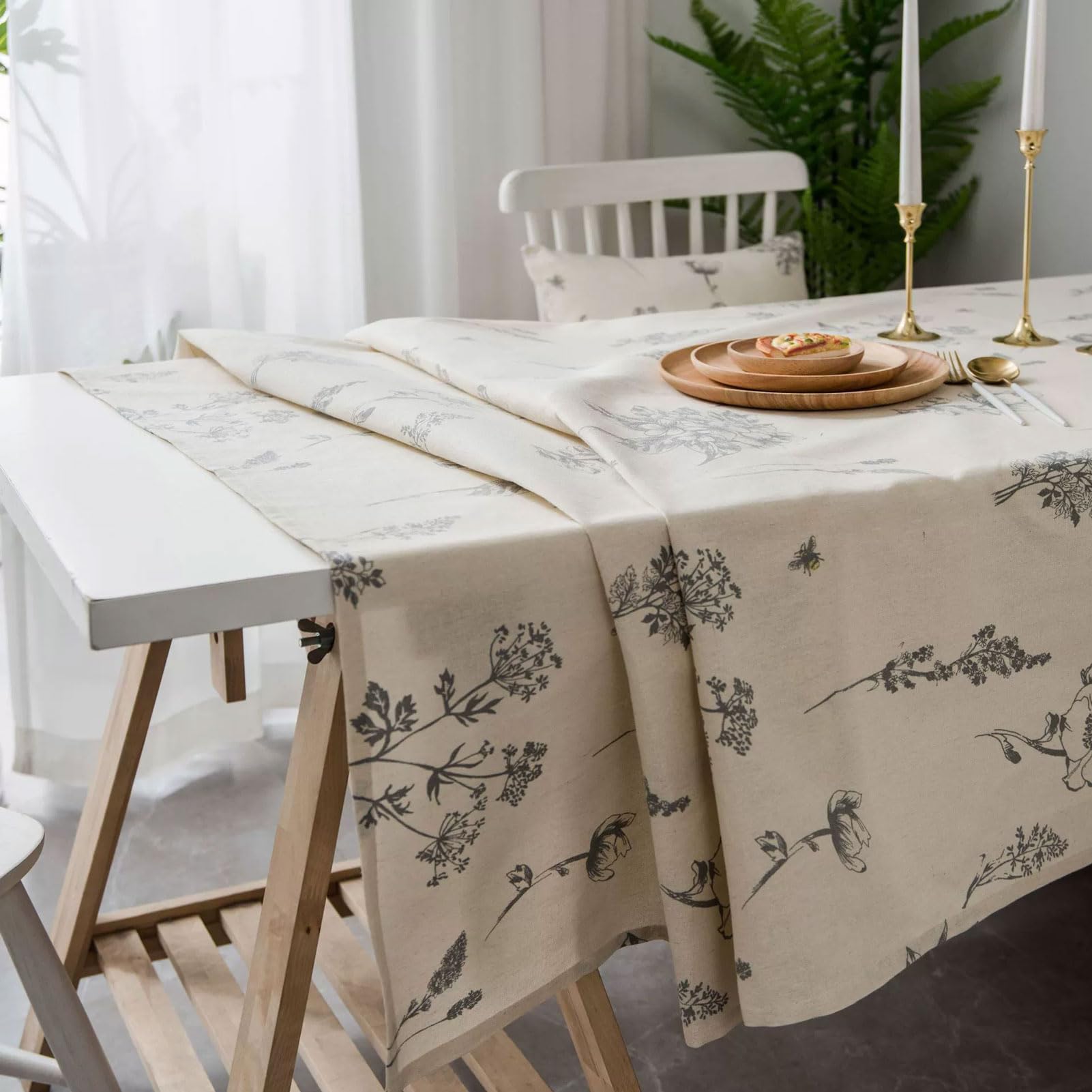 Mantel de Lino de Algodón, Mantel Rectangular con Estampado Floral Estilo Boceto, Manteles Antimanchas Beige, Manteles de Mesa Modernos de Tela para Mesa de Cocina (B 140x300cm)