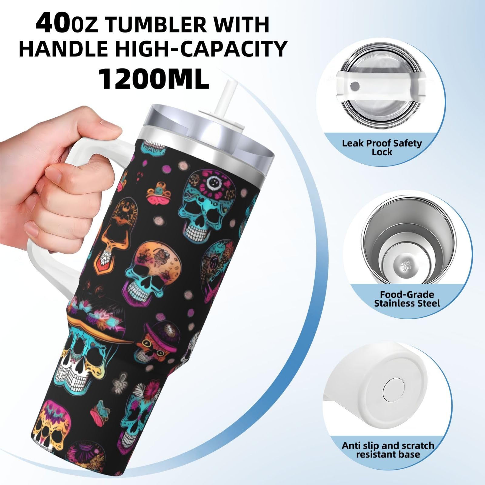 Sugar and Skulls Style Ice Bully Wasserflasche aus Edelstahl, doppelwandig, isoliert, mit Griff und Strohhalm-Deckel, 1,2 l