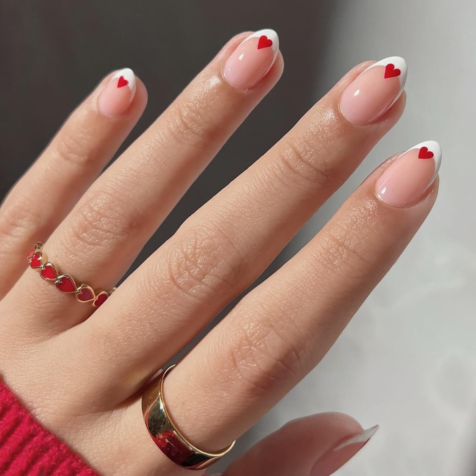 Short Press on Nails - Almond Valentines Nails - 24PCS French Manicure False nails - French Tip Stick on Nails for Women - Strong Fake nails with Glue - Heart Nail Art Acrylic Nail Tips Long Lasting