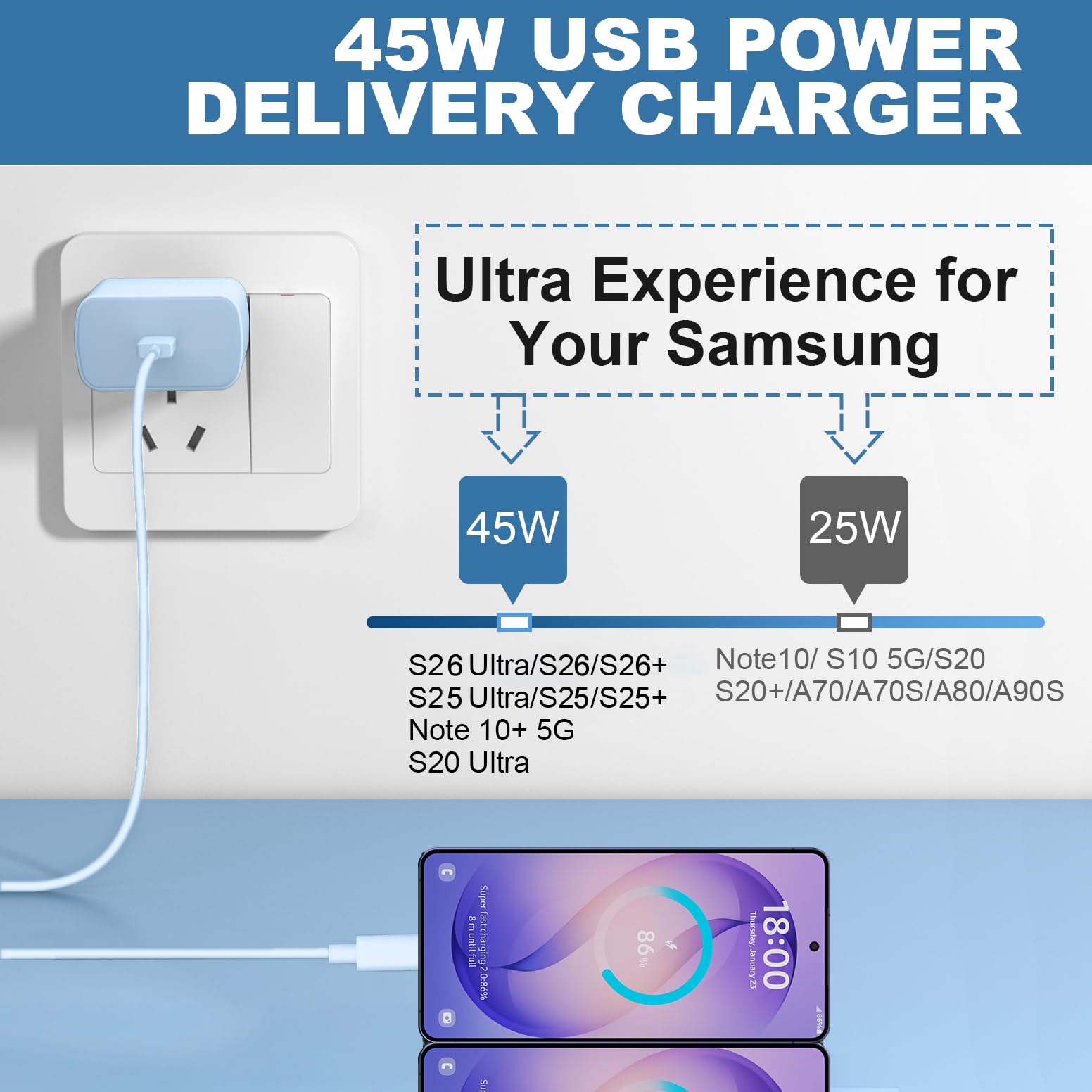 Caricatore Android da 45 W, ricarica rapida, USB-C super veloce USB C con cavo da 3 m per Samsung Galaxy S24 Ultra/S24/S24+/S23 Ultra/S23/S23+/S22 Ultra/S22/S21/S20/Note 10/20, blu