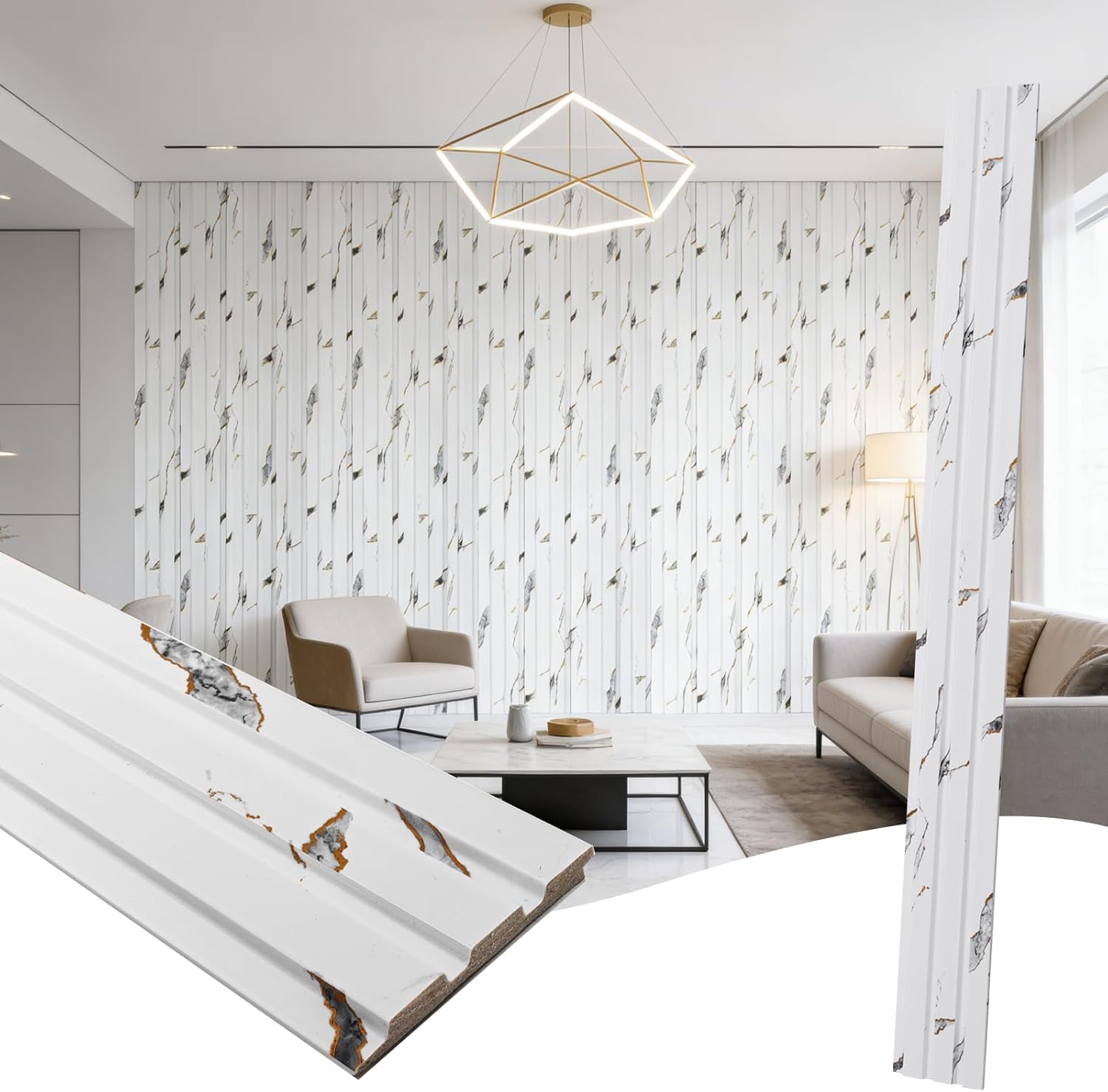 16 Pack Faux Marble Slat Wall Panels for Interior Wall Decor, Waterproof Lightweight Decorative Panels for Accent Wall, DIY Wall Covering for Living Room Bedroom TV Wall, 47.2" × 4.3", White