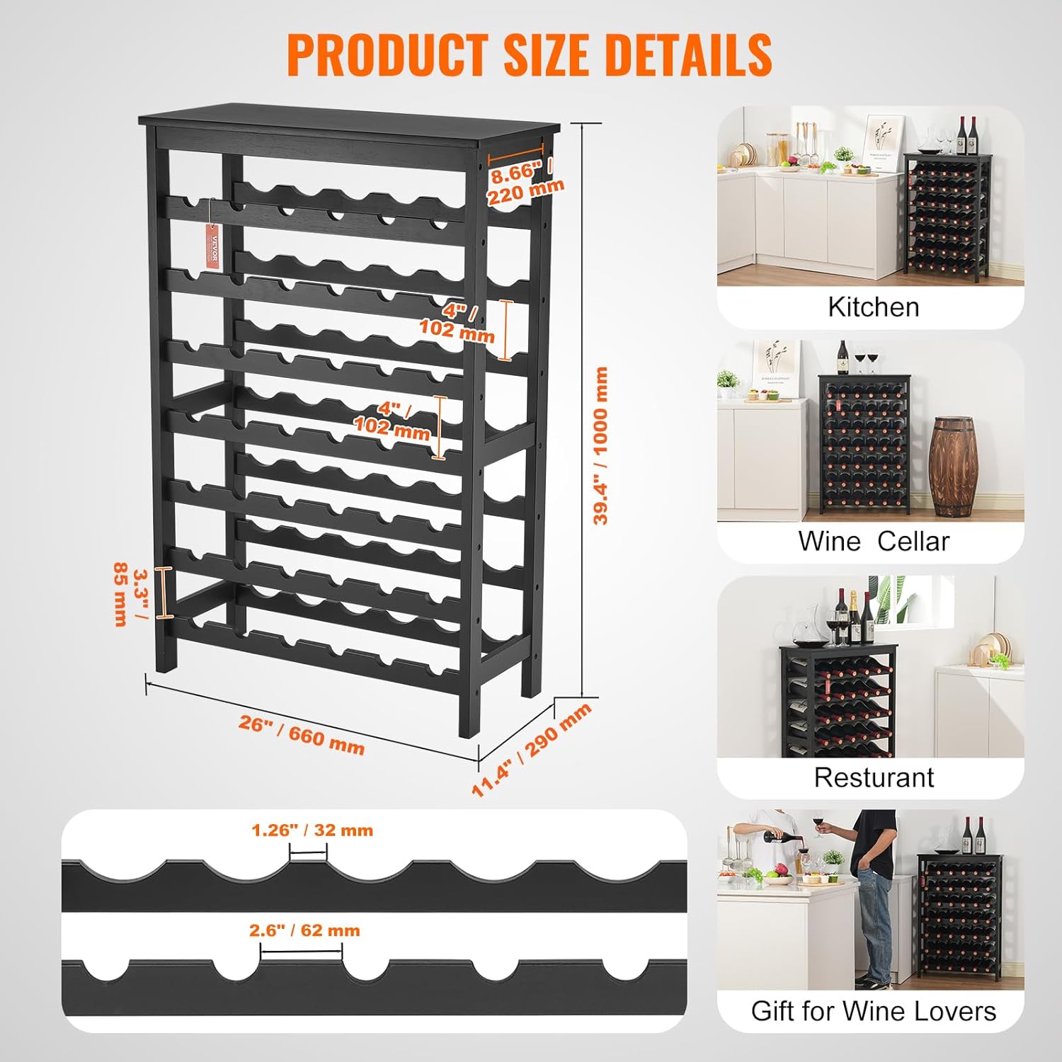 Black 42-Bottle Bamboo Wine Rack with Tabletop