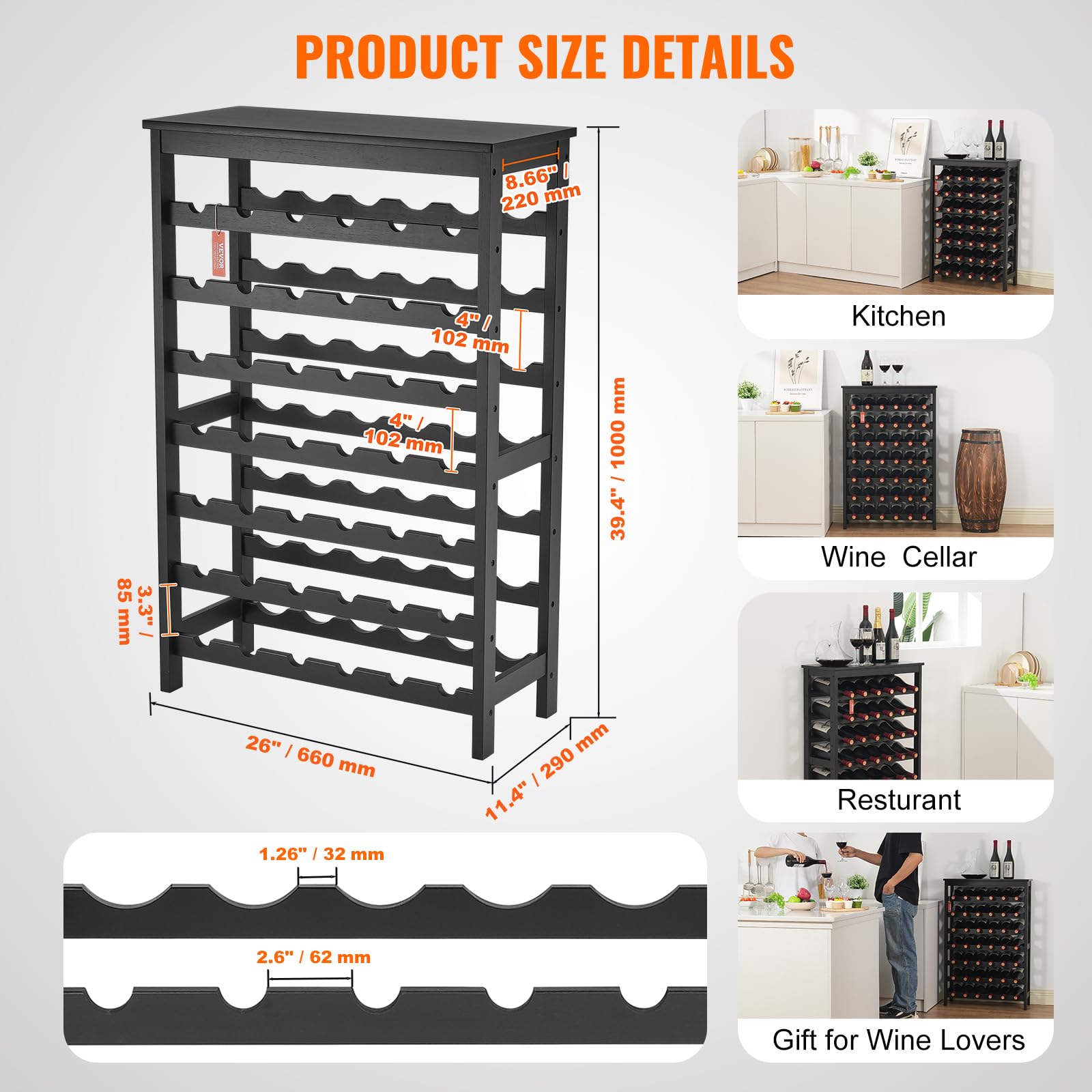 VEVOR Botellero Apilable de Vino para 42 Botellas Estante de Almacenamiento de Bambú 660x290x1000 mm Botellero Independiente de 7 Niveles Estantes sin Sacudidas para Cocina, Bar, Bodega, Negro