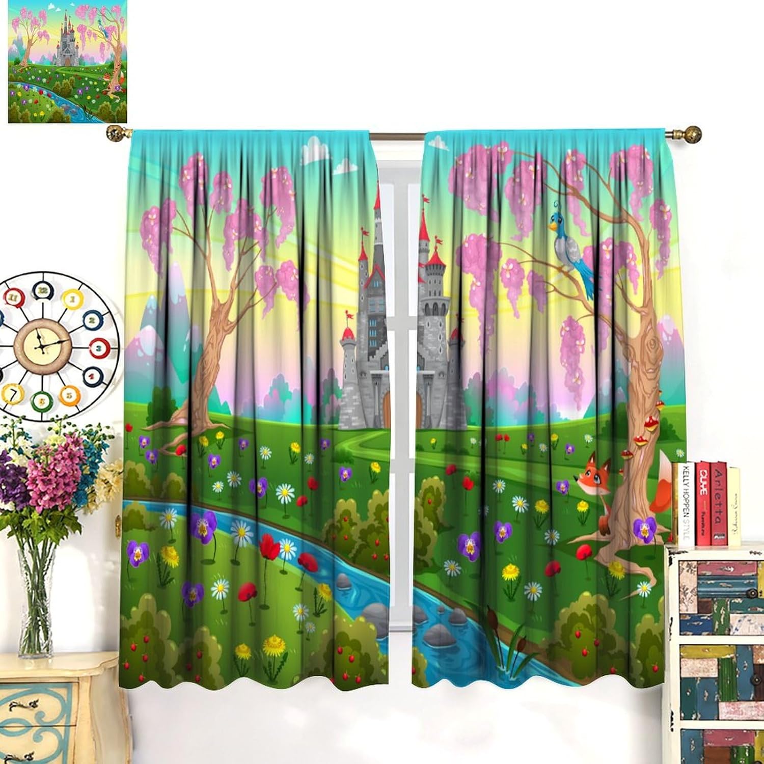 Cartoon Curtains, Fairytale Themed Royal Castle Scenery in A Floral Garden Fantasy World Blossoming for Girls Boys Living Room Bedroom Decor Drapes 2 Panels 42x45 Inch, Style-4