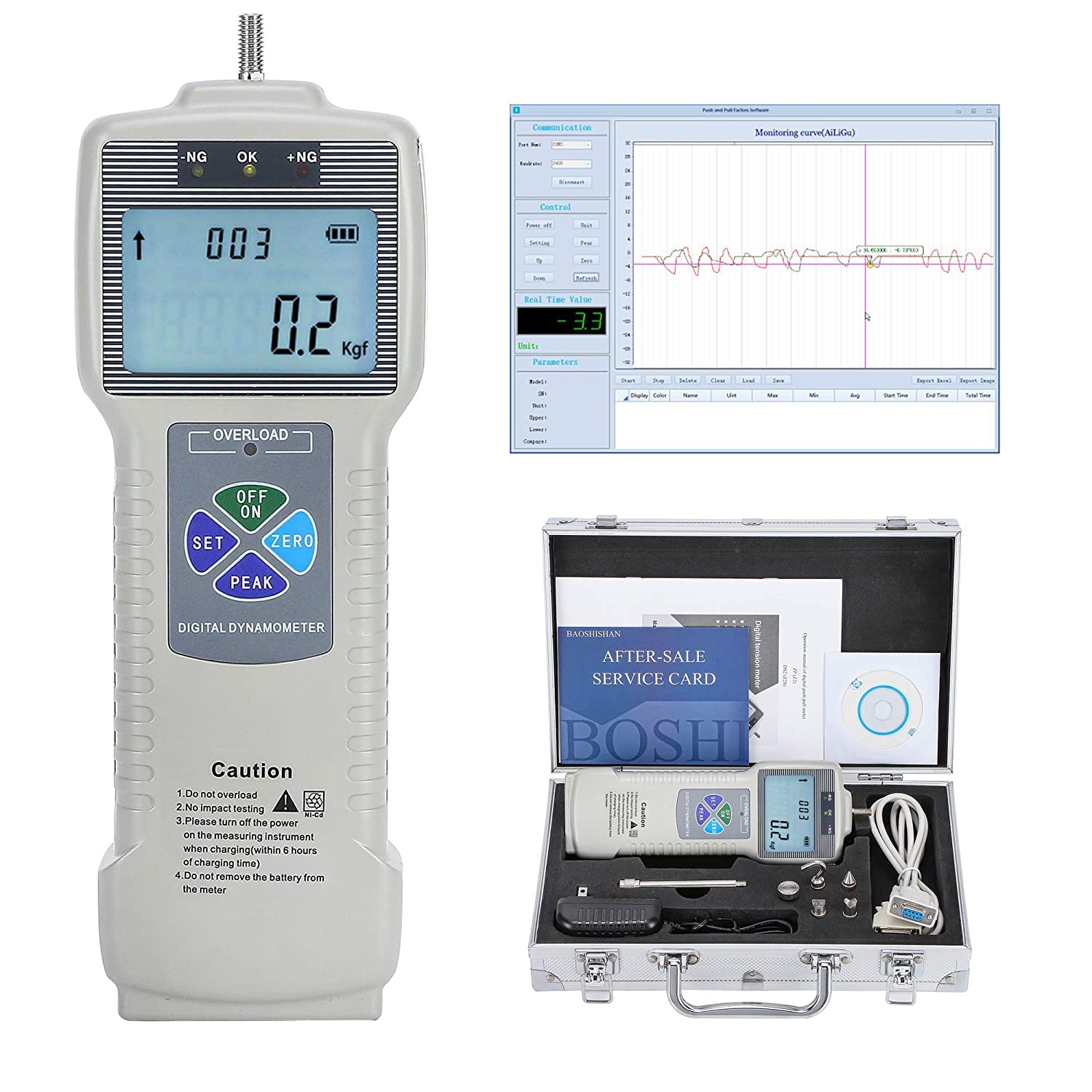 BAOSHISHAN Digitaler Kraftmesser Push-Pull-Messgerät-Tester mit USB-RS232-Schnittstelle LCD-Kraftmess-Schubmesser ZP (1000N mit Kunststoffgehäuse)